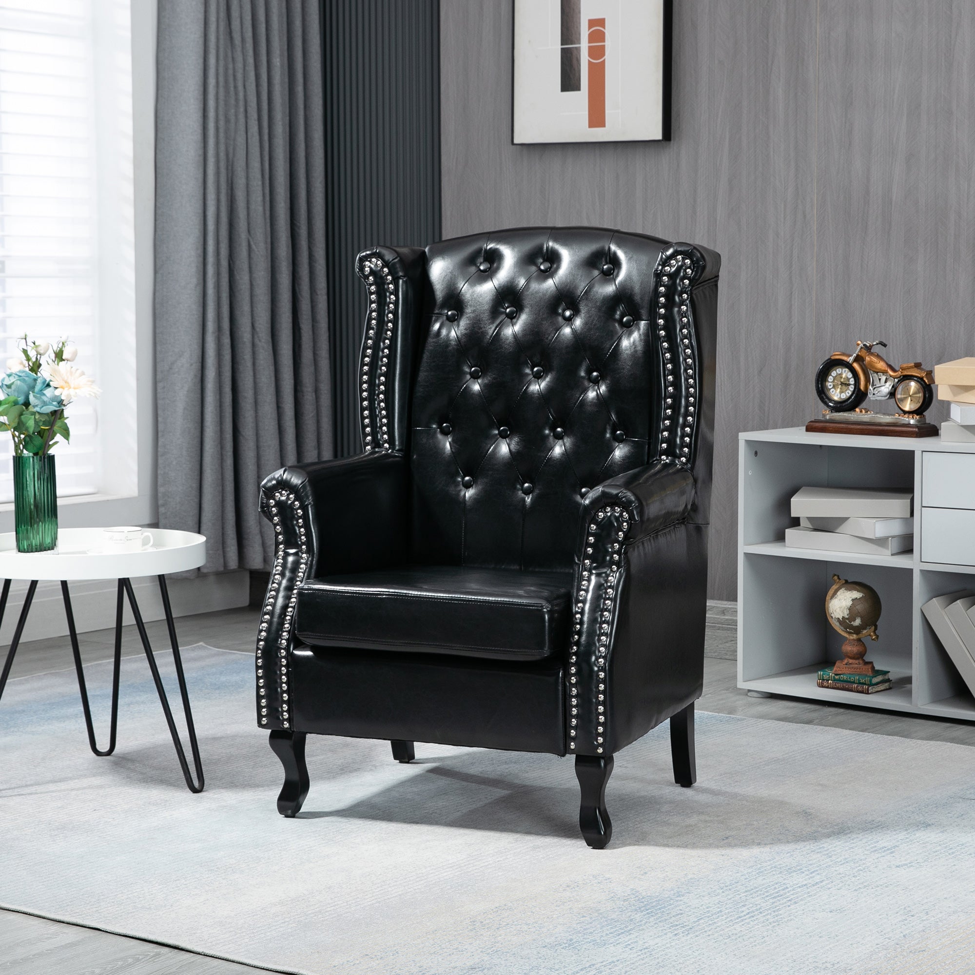 HOMCOM Wingback Armchair, Chesterfield-style PU Leather Fireside Chair, Button Tufted Accent Chair with Nailhead Trim for Living Room, Bedroom, Home Office, Black