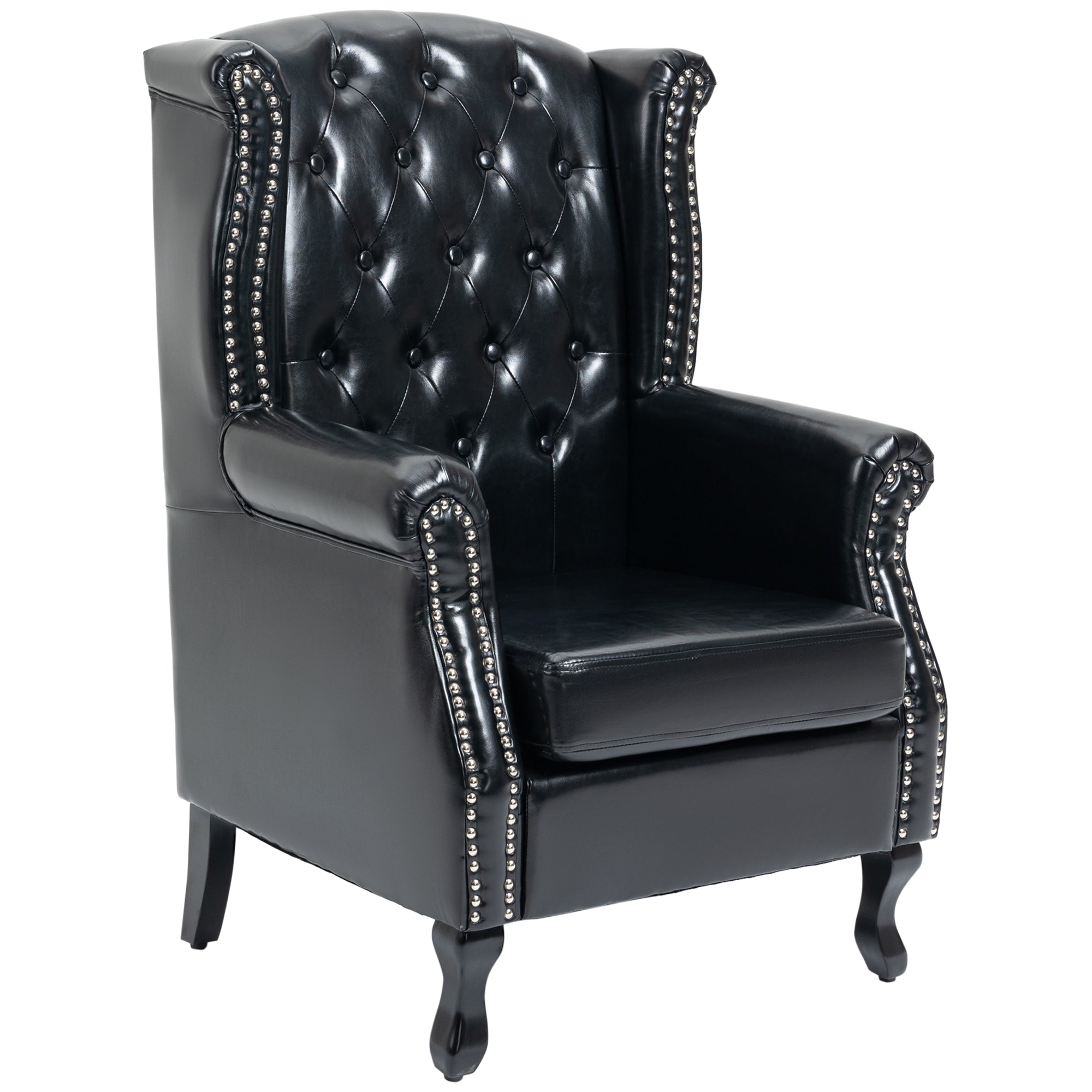 HOMCOM Wingback Armchair, Chesterfield-style PU Leather Fireside Chair, Button Tufted Accent Chair with Nailhead Trim for Living Room, Bedroom, Home Office, Black
