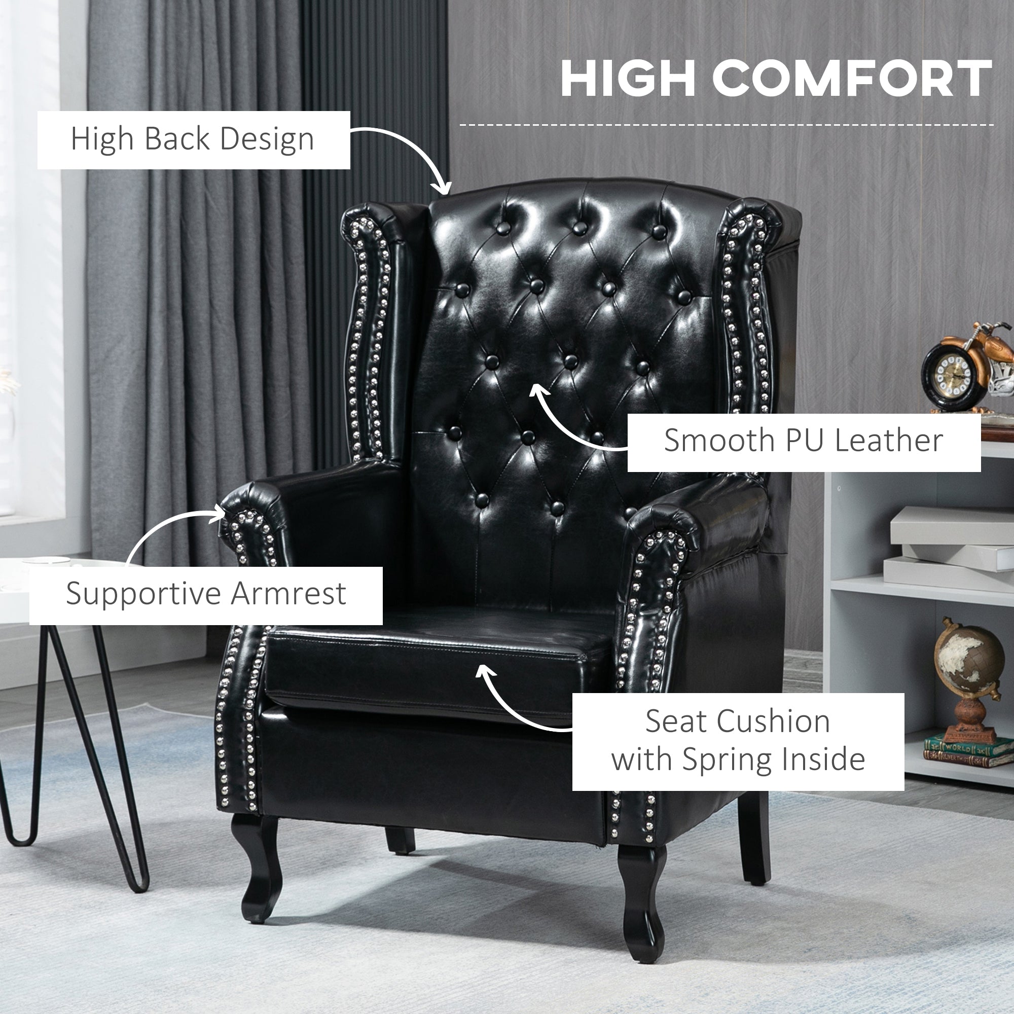 HOMCOM Wingback Armchair, Chesterfield-style PU Leather Fireside Chair, Button Tufted Accent Chair with Nailhead Trim for Living Room, Bedroom, Home Office, Black