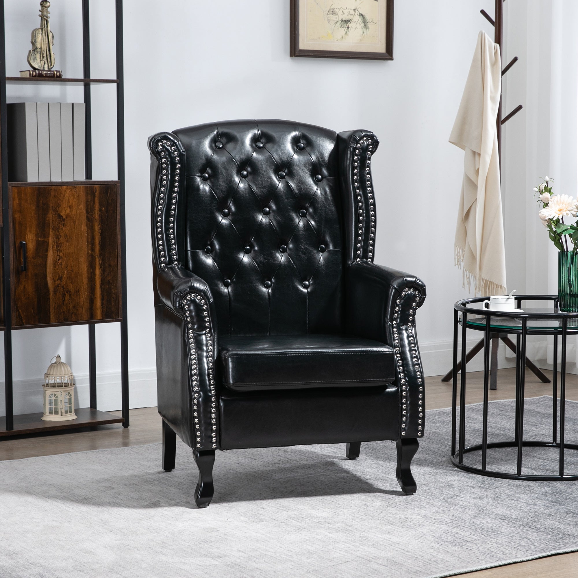 HOMCOM Wingback Armchair, Chesterfield-style PU Leather Fireside Chair, Button Tufted Accent Chair with Nailhead Trim for Living Room, Bedroom, Home Office, Black