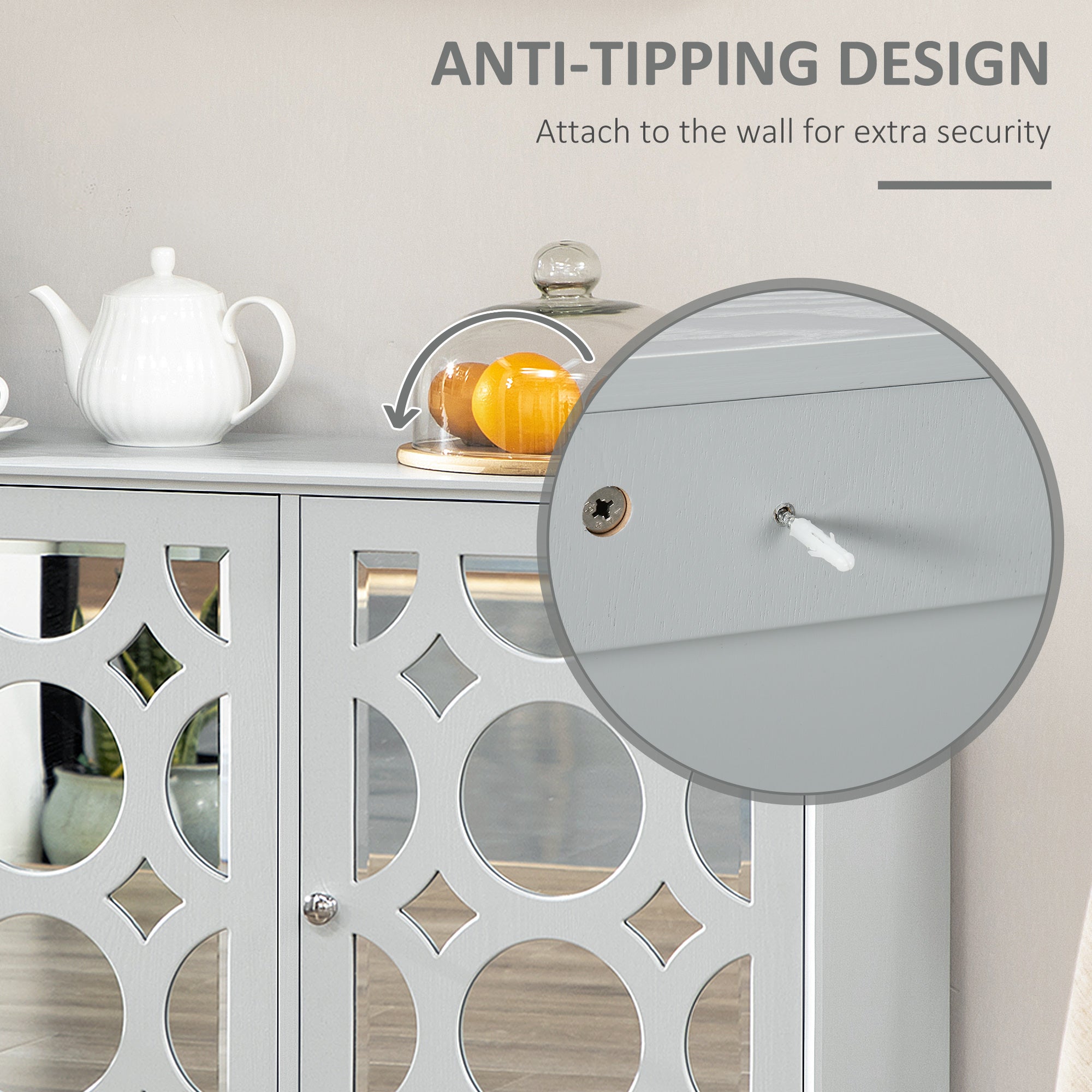 HOMCOM Mirrored Accent Cabinet, Kitchen Sideboard Buffet Cabinet with 2 Cupboard, Adjustable Interior Shelf for Living Room, Hallway, Gray