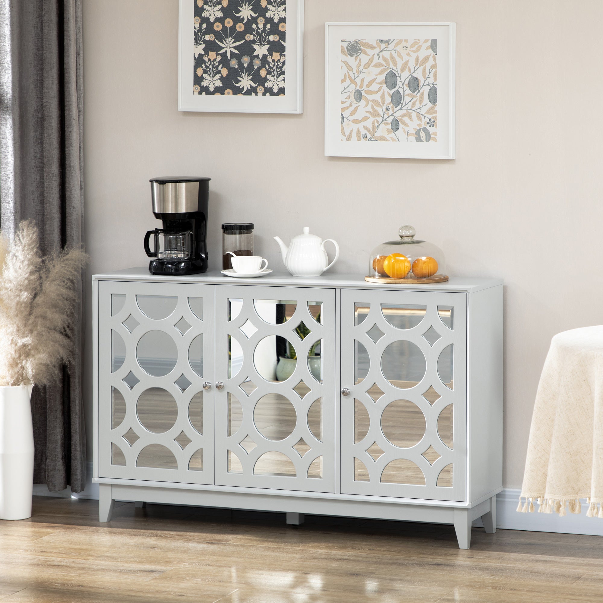 HOMCOM Mirrored Accent Cabinet, Kitchen Sideboard Buffet Cabinet with 2 Cupboard, Adjustable Interior Shelf for Living Room, Hallway, Gray