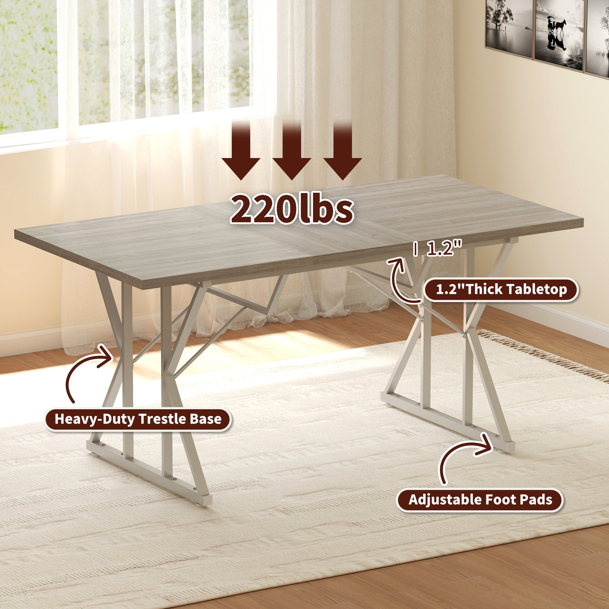 HOMCOM 63"-47" Expandable Dining Table for 4-6 People, Farmhouse Extendable Dining Room Table with Heavy Duty Metal Trestle Base, Rectangle Kitchen Table, Distressed Gray