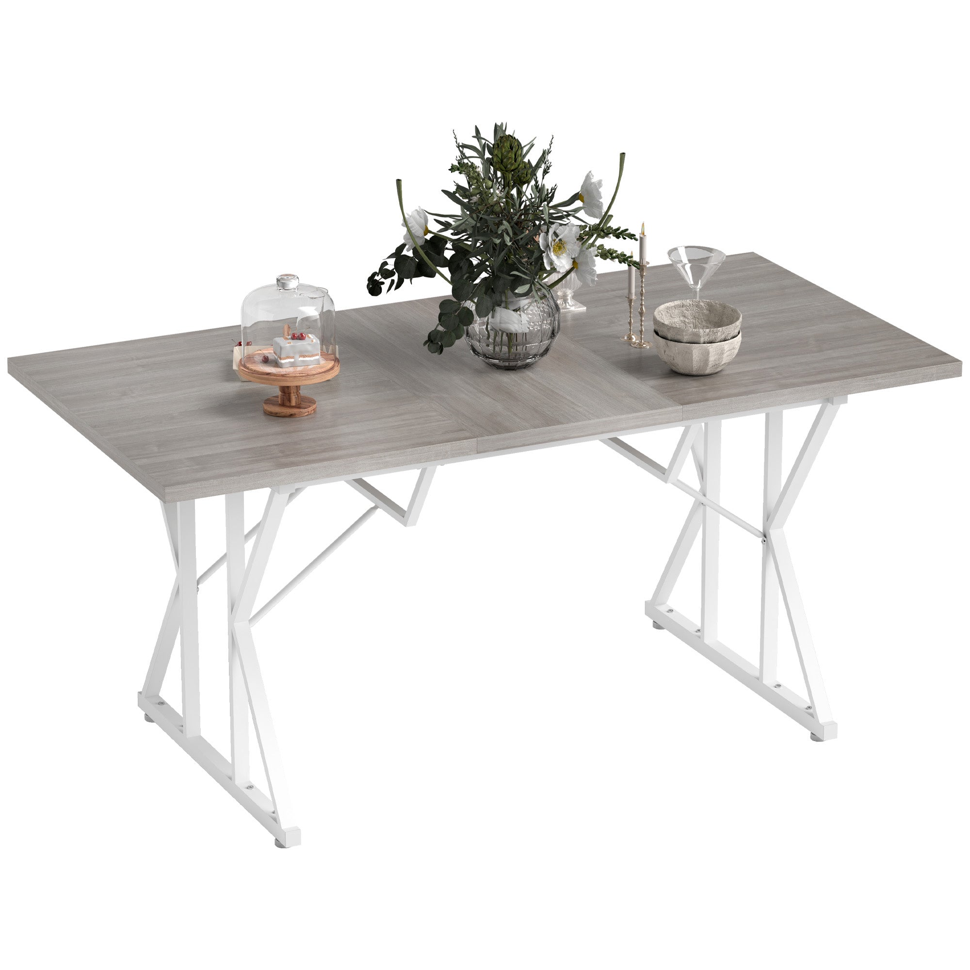 HOMCOM 63"-47" Expandable Dining Table for 4-6 People, Farmhouse Extendable Dining Room Table with Heavy Duty Metal Trestle Base, Rectangle Kitchen Table, Distressed Gray