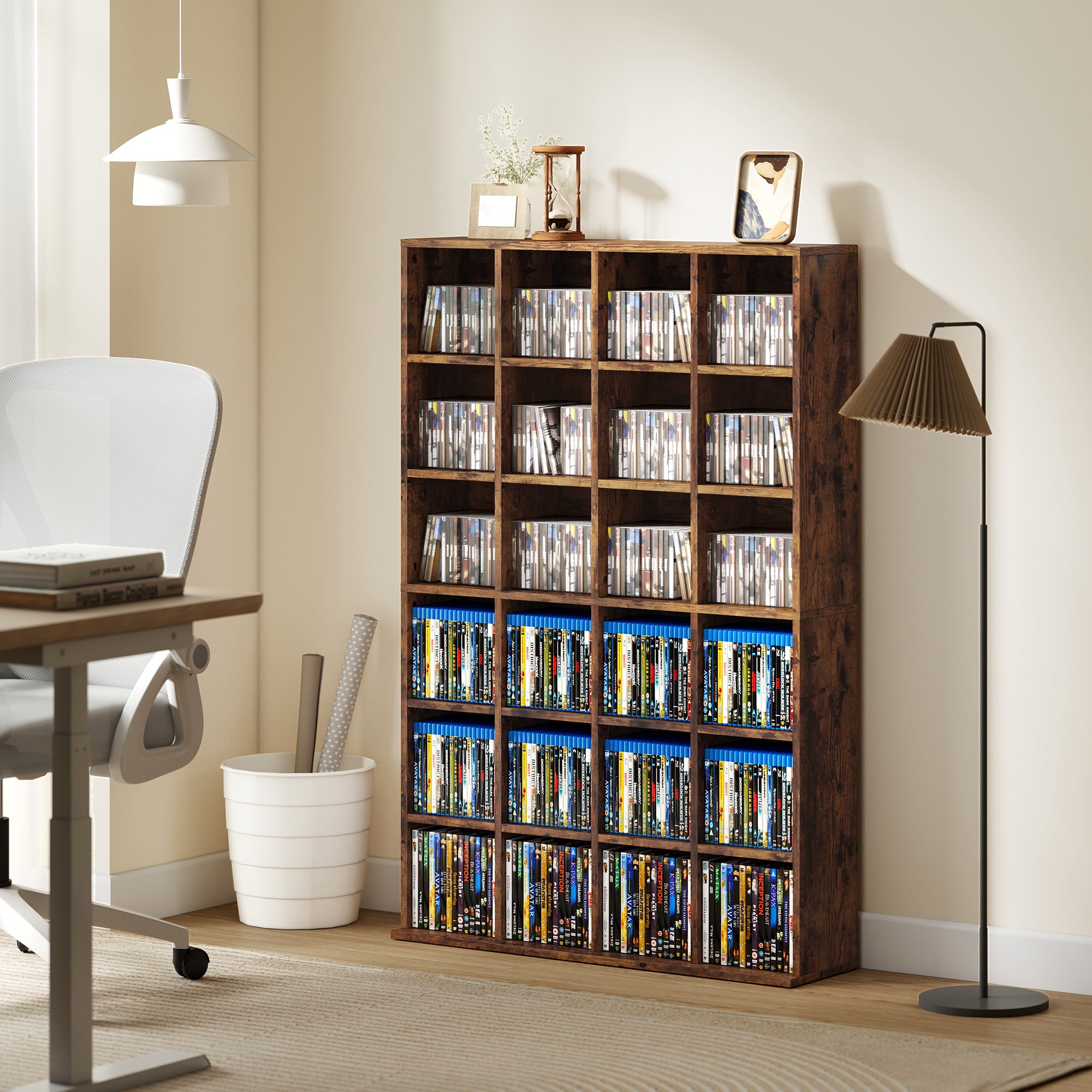 456 CD/ 336 DVD Storage Unit, Media Storage Shelf, Wooden Display Unit with Adjustable Shelves, 89 x 130.5 cm, Rustic Brown