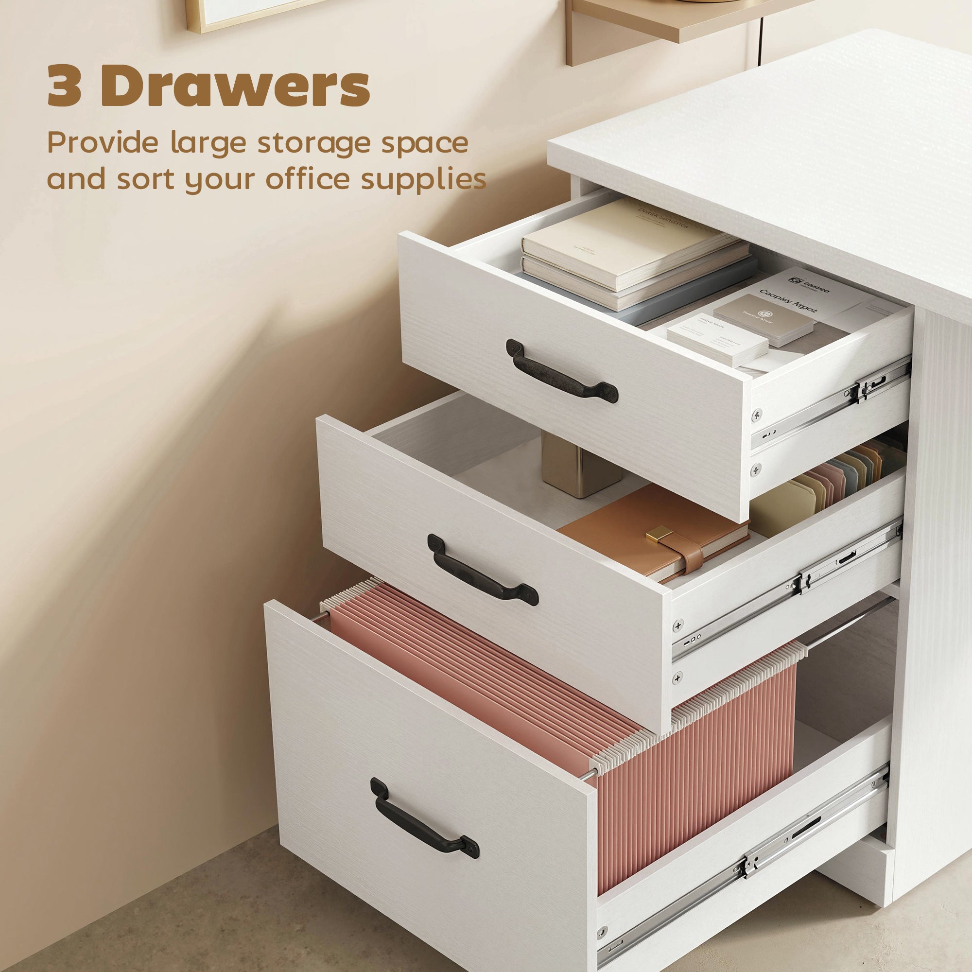 Computer Desk with 3 Drawers, 47" Home Office Desk with Adjustable Hanging Rails for Letter A4 Files, 1.2" Thick Top, Writing Table for Home Office, Study, Bedroom, White