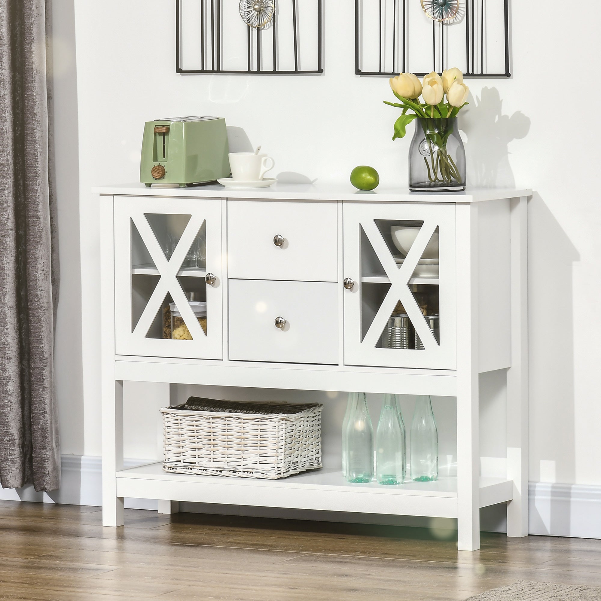 Coffee Bar Cabinet Sideboard Buffet with Storage Drawers and Glass Door, White