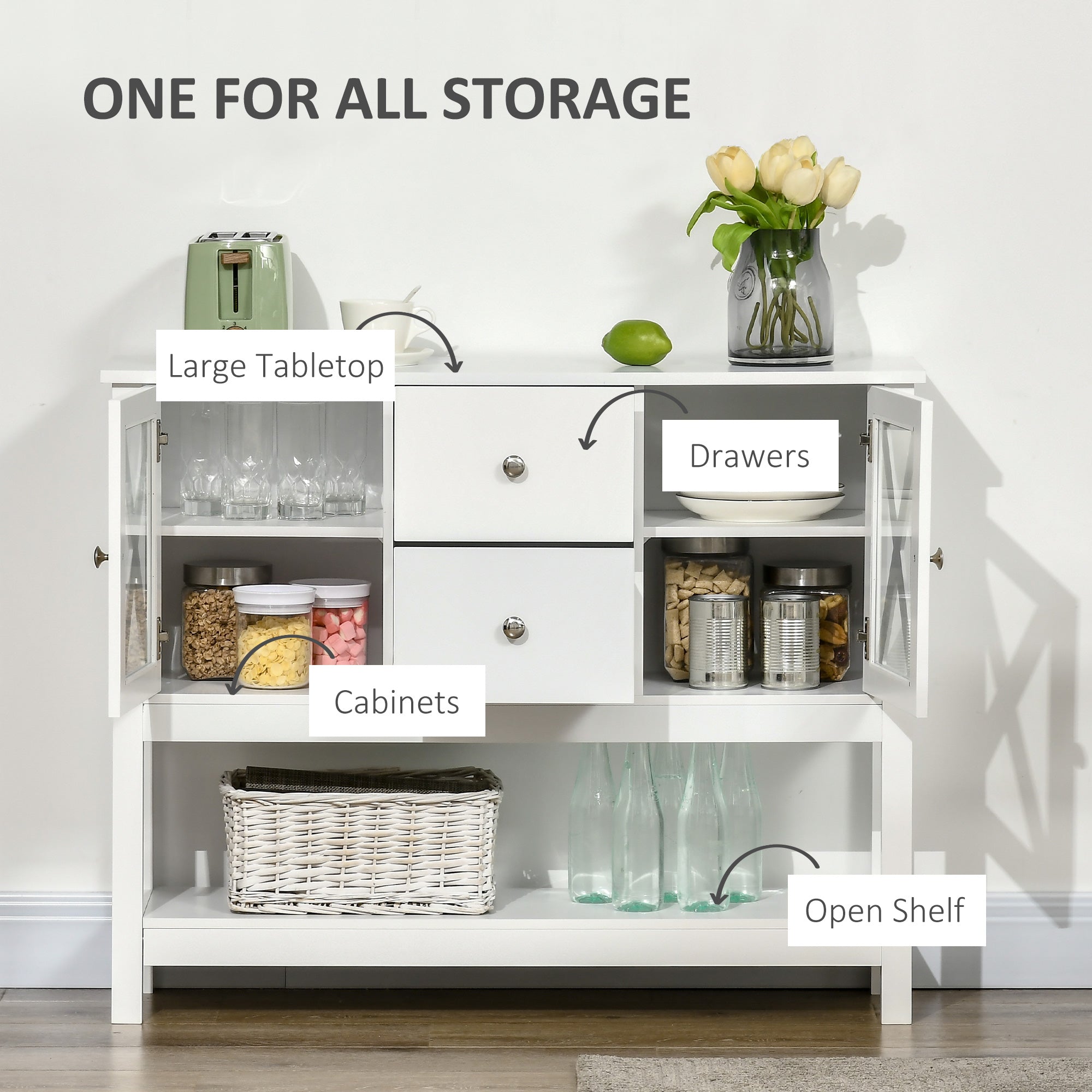 Coffee Bar Cabinet Sideboard Buffet with Storage Drawers and Glass Door, White