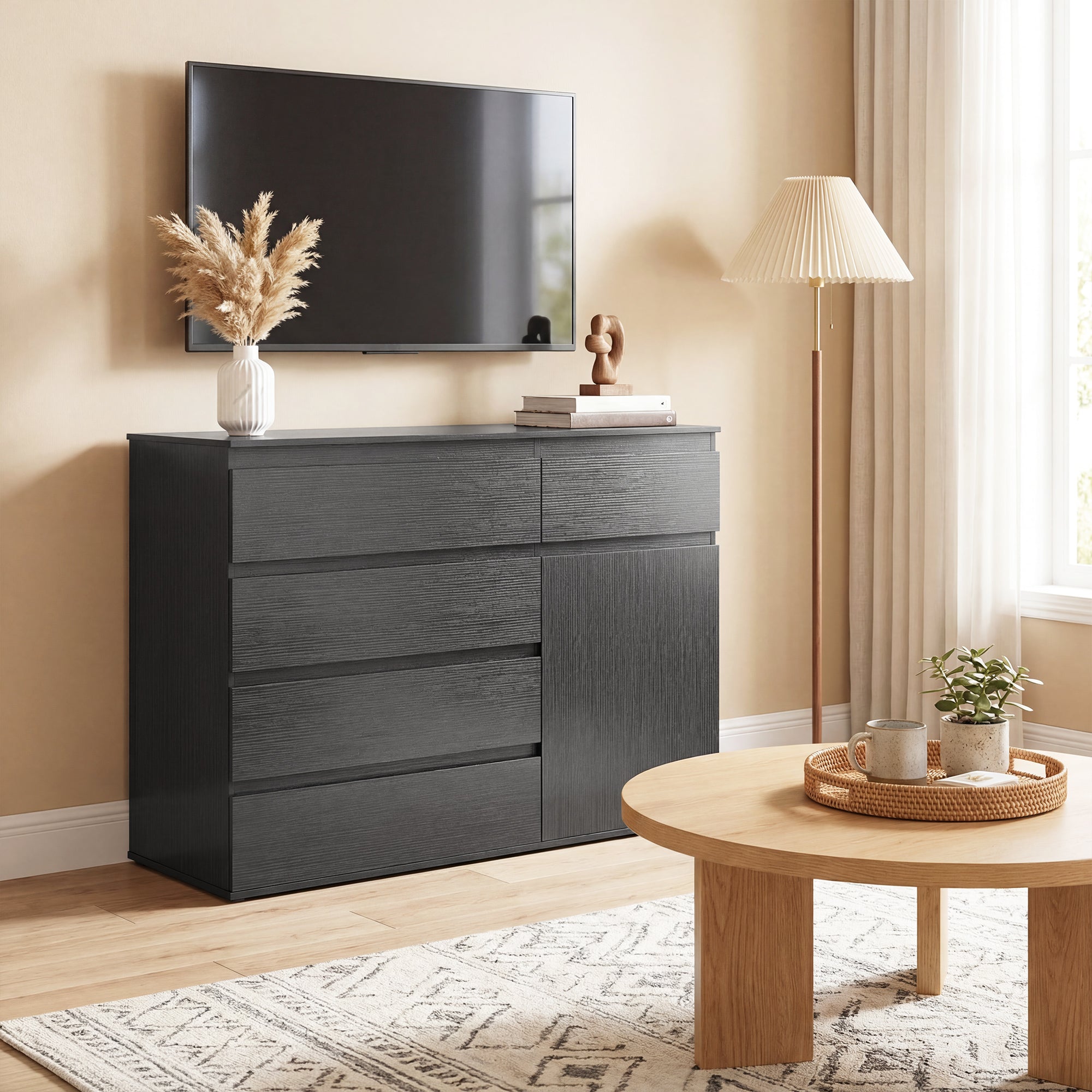 Modern Sideboard, Sideboard Storage Cabinet with 5 Drawers, Adjustable Shelf, Soft-Close Door, Storage Cupboard for Dining Room, Kitchen, Living Room, Black