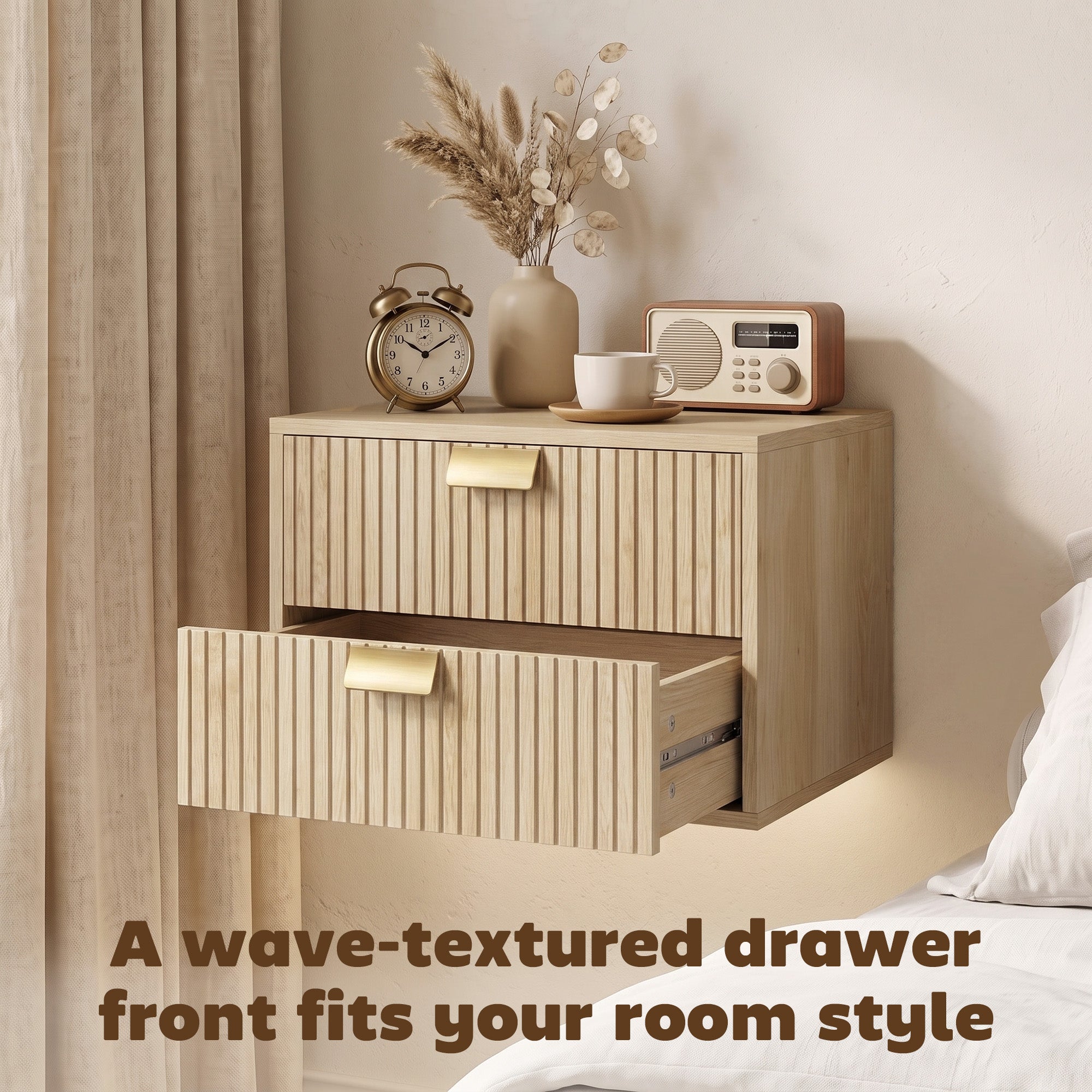 Modern Floating Nightstands Set of 2, Wall Mounted Bedside Tables with 2 Wave Drawers, Bedside Cabinets for Bedroom Living Room, Oak