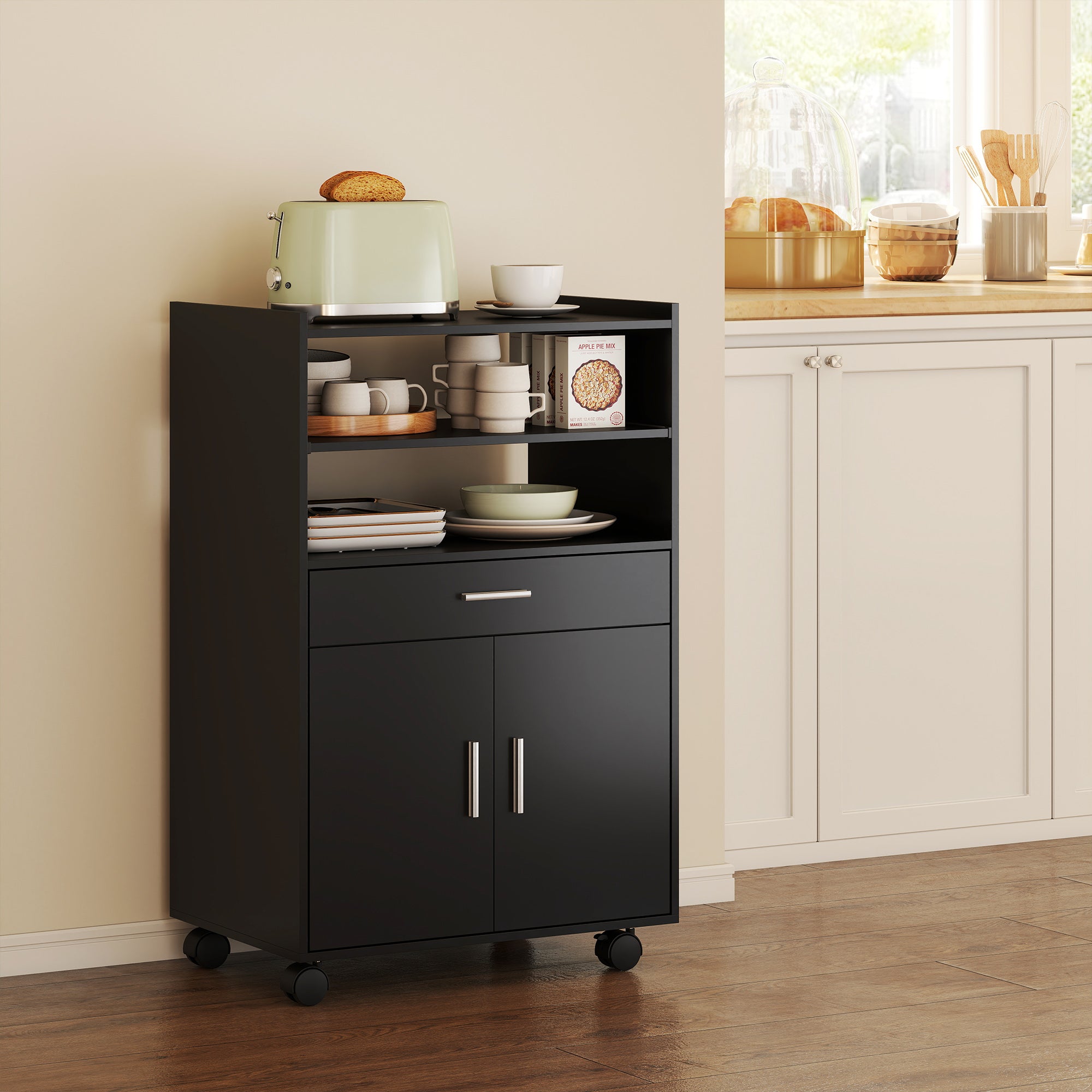 Microwave Cart with Wheels, Microwave Stand with Worktop, Open Shelves and Drawer, Storage Cabinet, Black