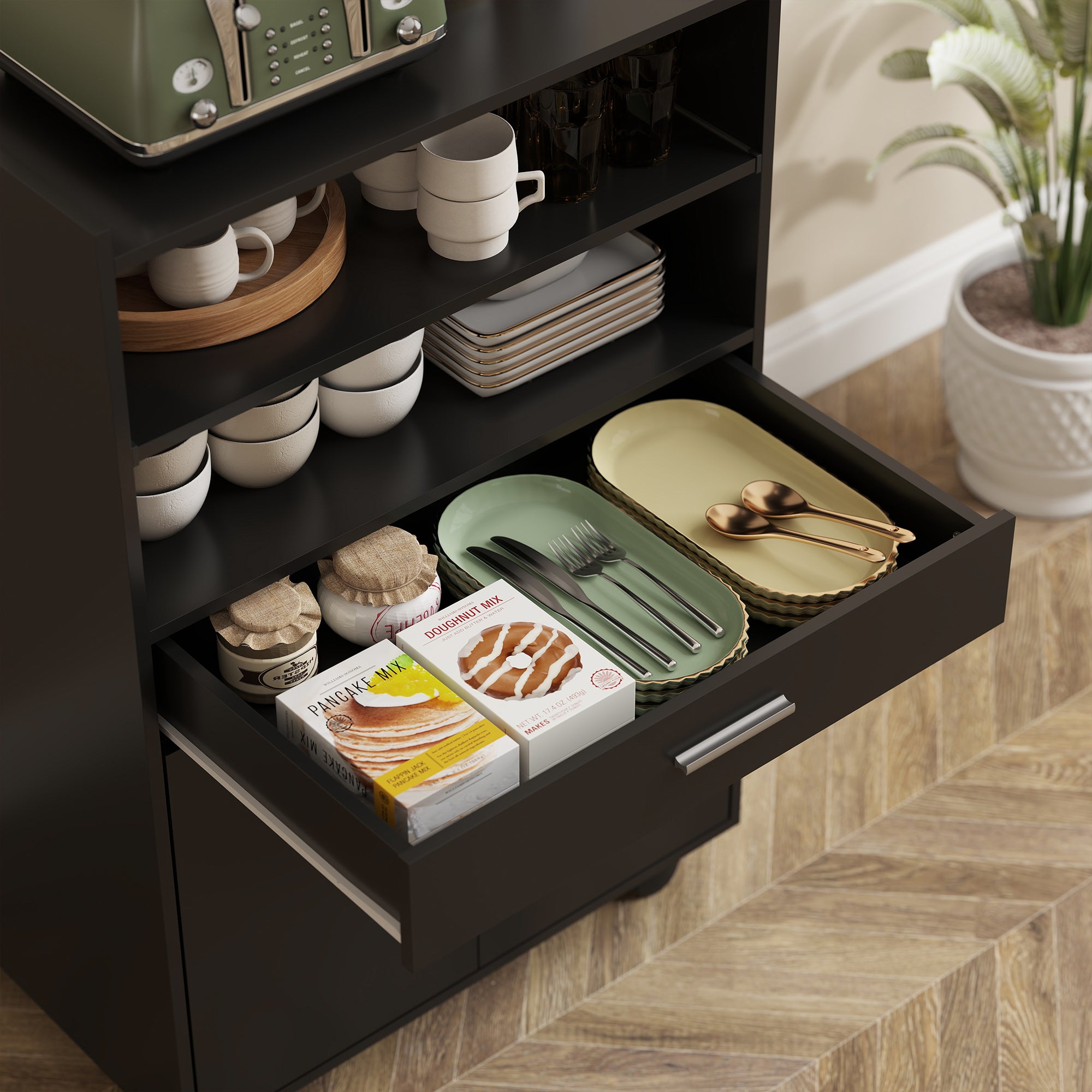 Microwave Cart with Wheels, Microwave Stand with Worktop, Open Shelves and Drawer, Storage Cabinet, Black
