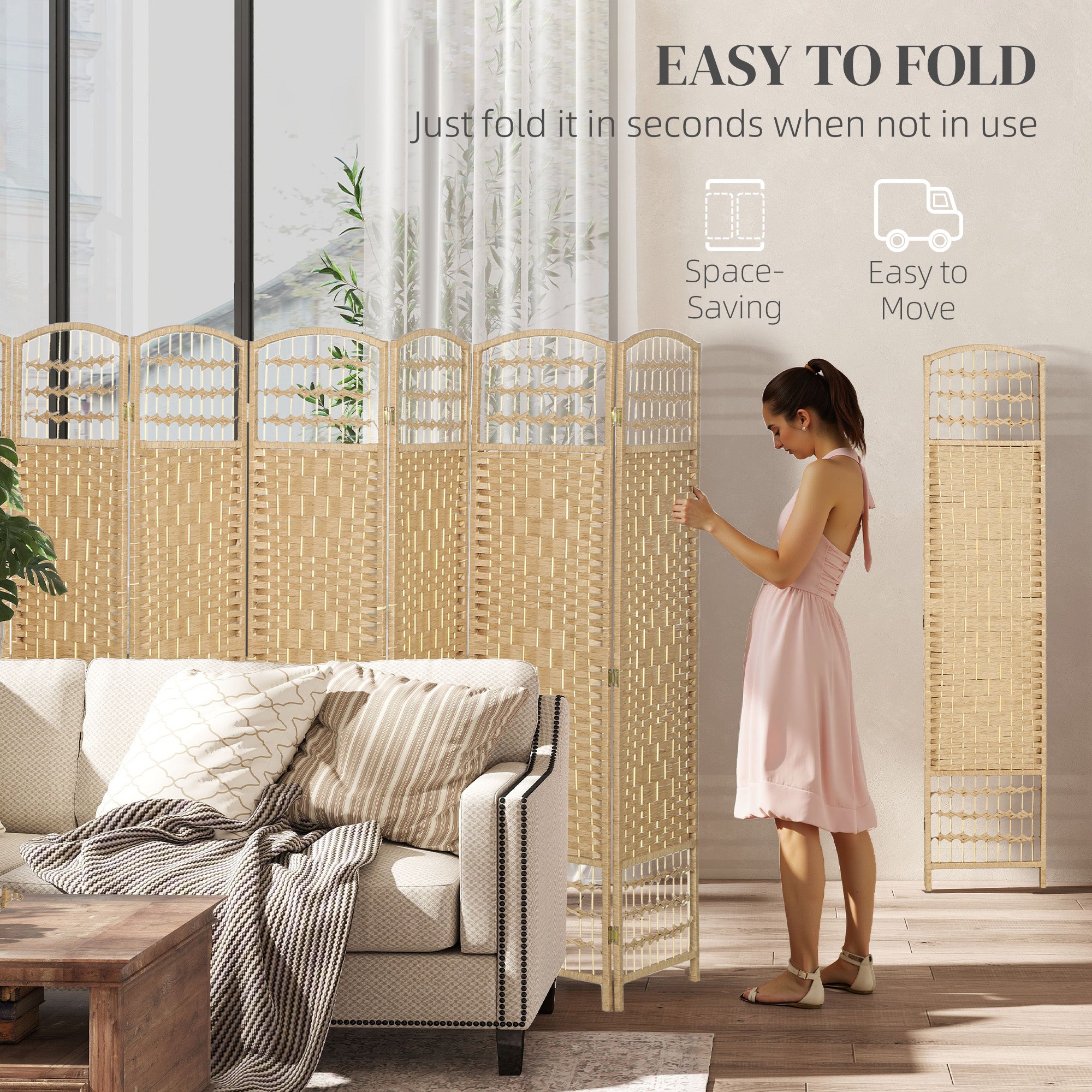 8 Panel Room Divider, 5.6 ft Tall Folding Privacy Screen, Wave Fiber Freestanding Partition Wall Divider for Home Office, Natural