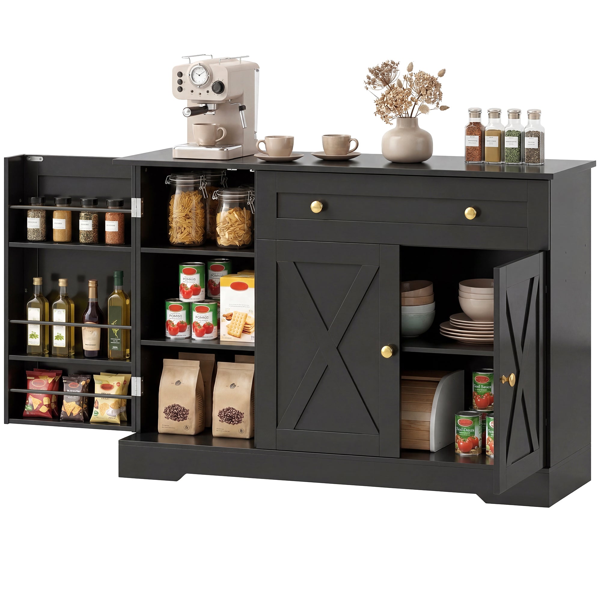 Farmhouse Sideboard Buffet Cabinet with Storage, 47" Coffee Bar Cabinet with 3 Door Shelves, Drawer, Adjustable Shelves and 3 Barn Doors, Black
