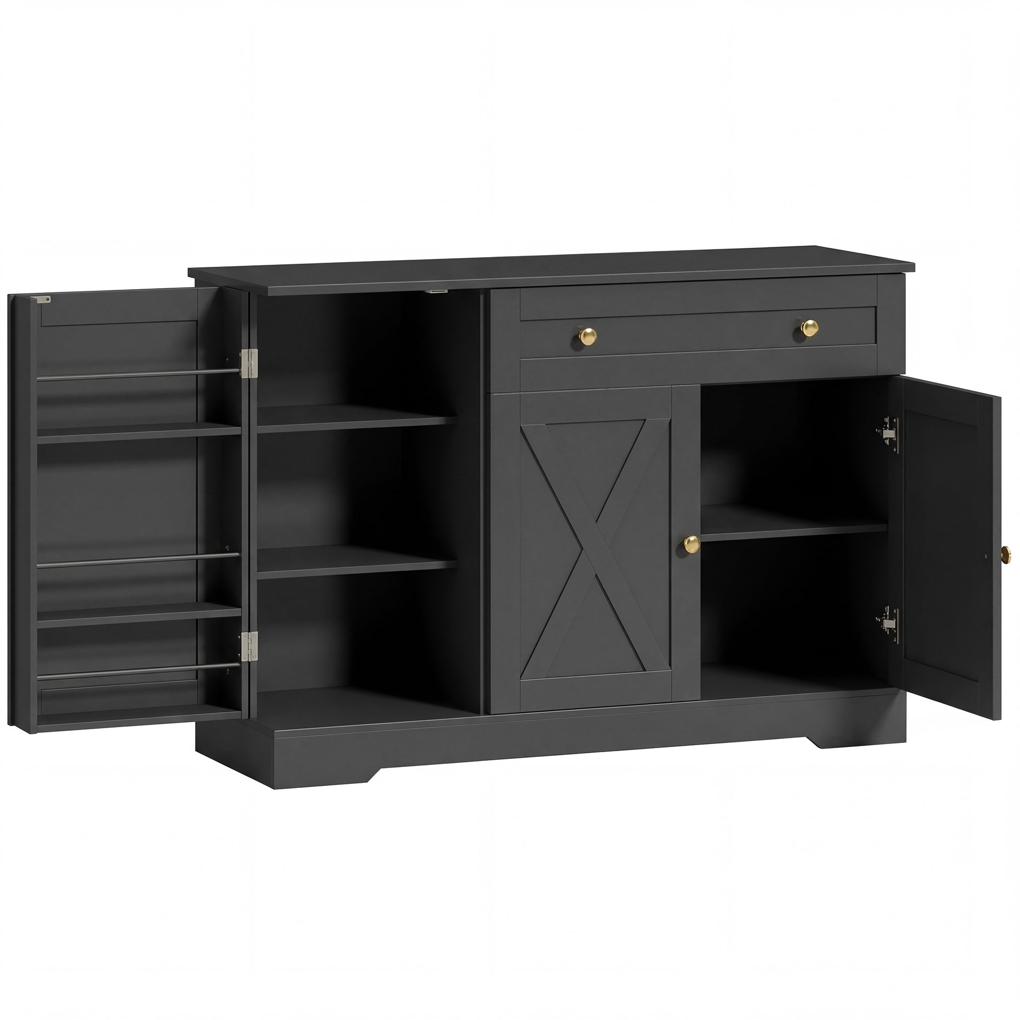 Farmhouse Sideboard Buffet Cabinet with Storage, 47" Coffee Bar Cabinet with 3 Door Shelves, Drawer, Adjustable Shelves and 3 Barn Doors, Black