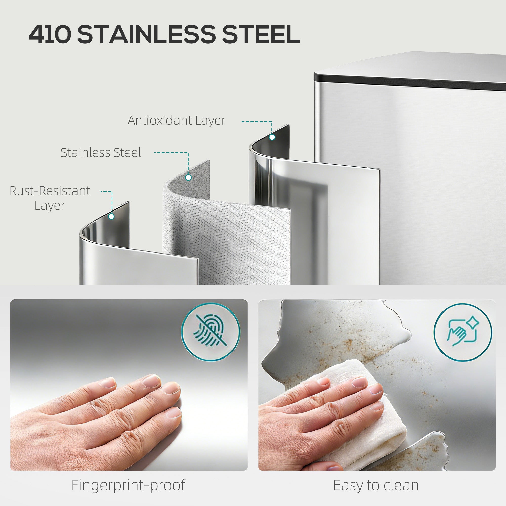 2 x 30L / 7.9 Gallon Dual Trash Can, Soft-Close Lid Stainless Steel Double Garbage Bin with Removable Inner Buckets and Handles for Kitchen, Office, Bathroom, Silver