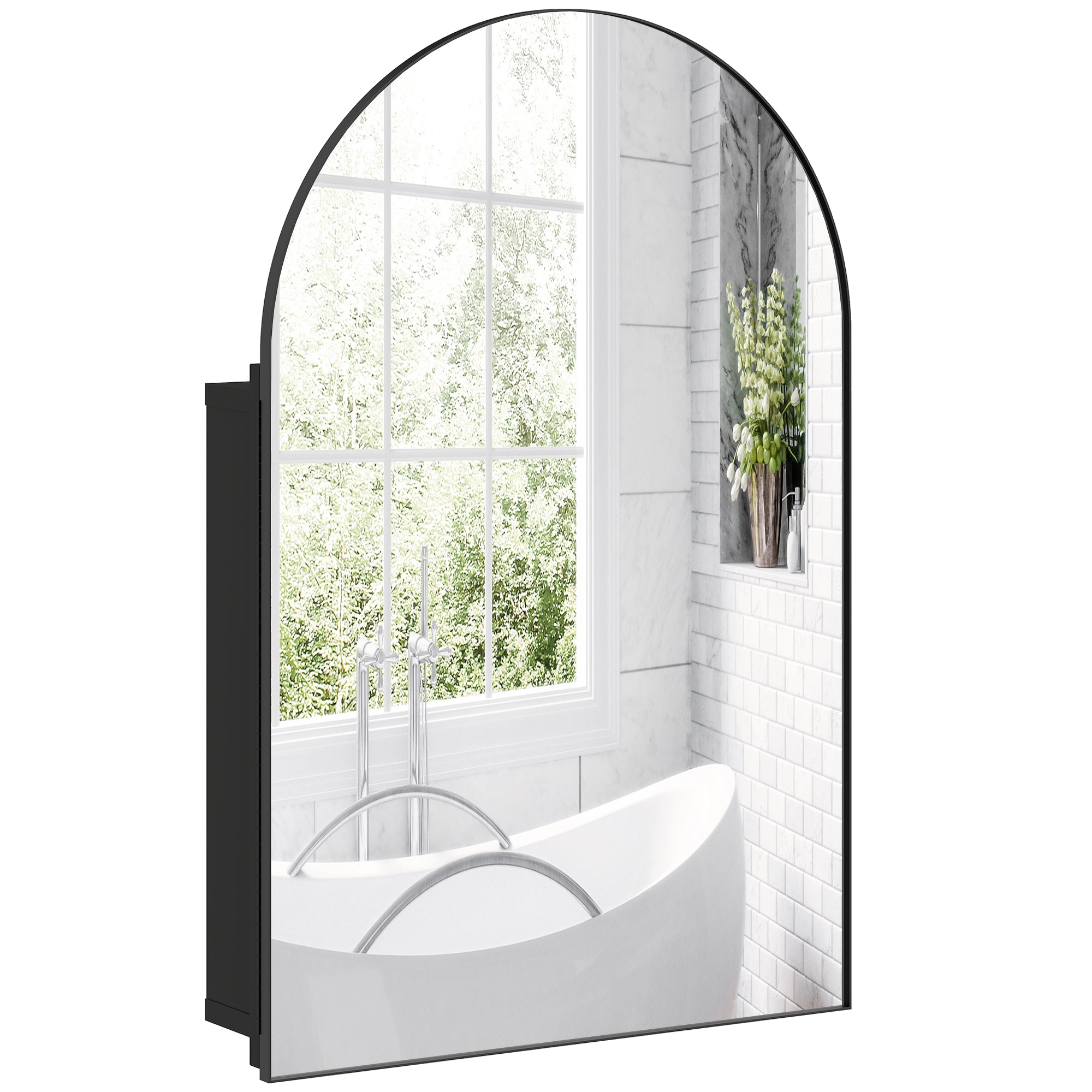 Arched Bathroom Mirror Cabinet, Bathroom Wall Cabinet with Mirror and Storage Shelves, 50 x 76 cm, Black