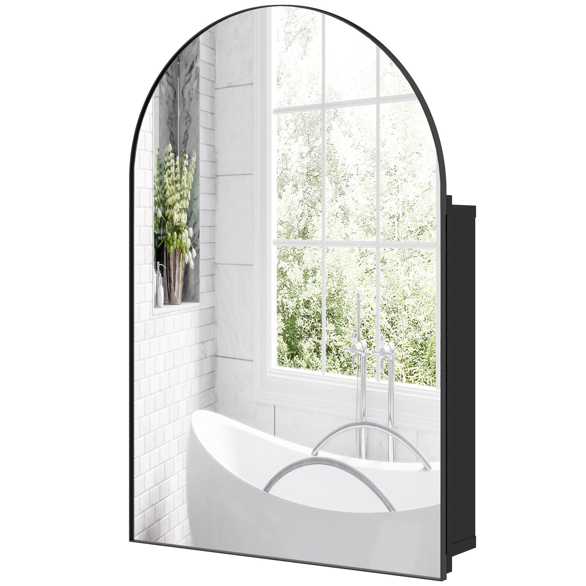 Arched Bathroom Mirror Cabinet, Bathroom Wall Cabinet with Mirror and Storage Shelves, 50 x 76 cm, Black