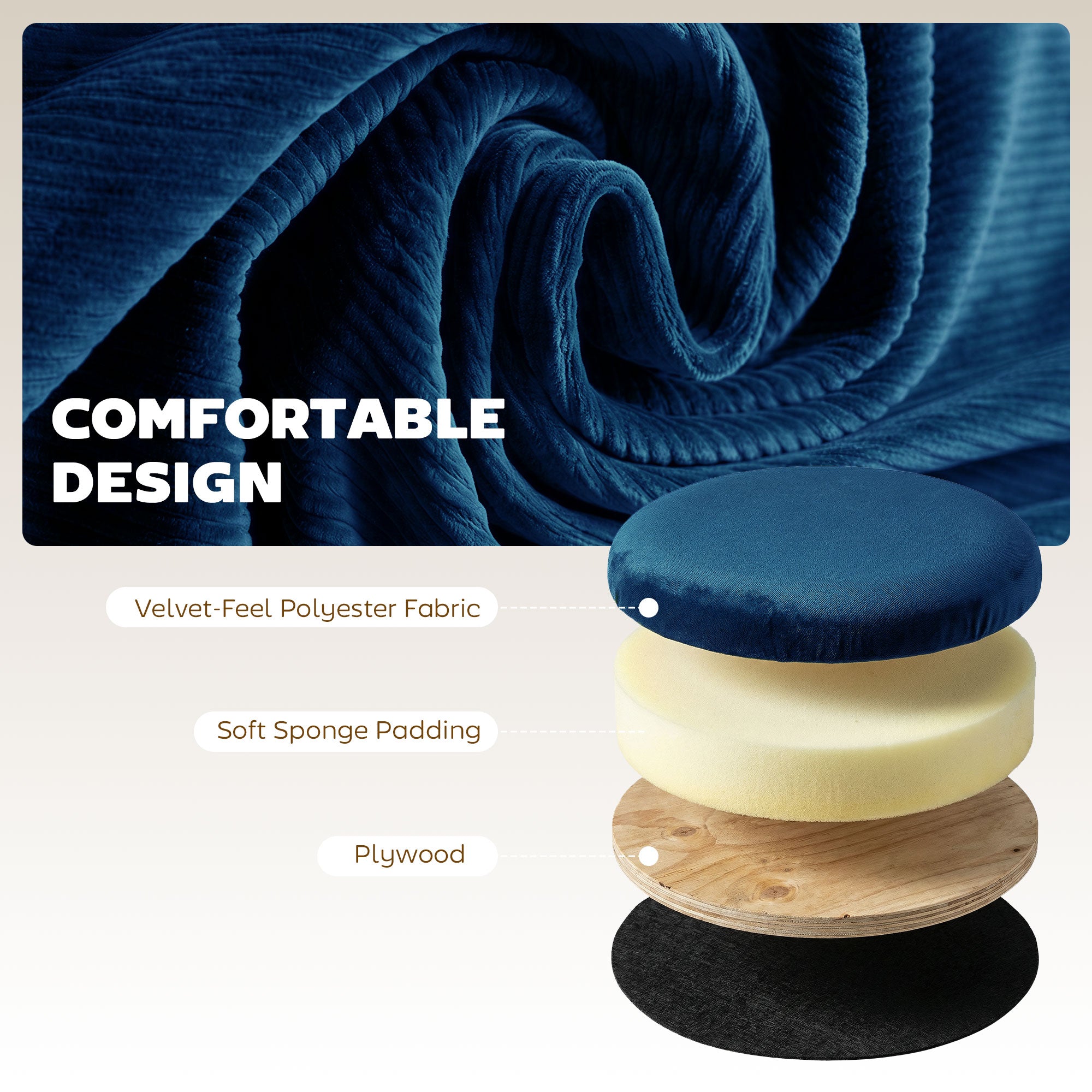 Round Storage Ottoman, Velvet-feel Fabric Upholstered Foot Stool with Removable Top, Padded Seat and Hidden Space for Living Room, Bedroom, Blue