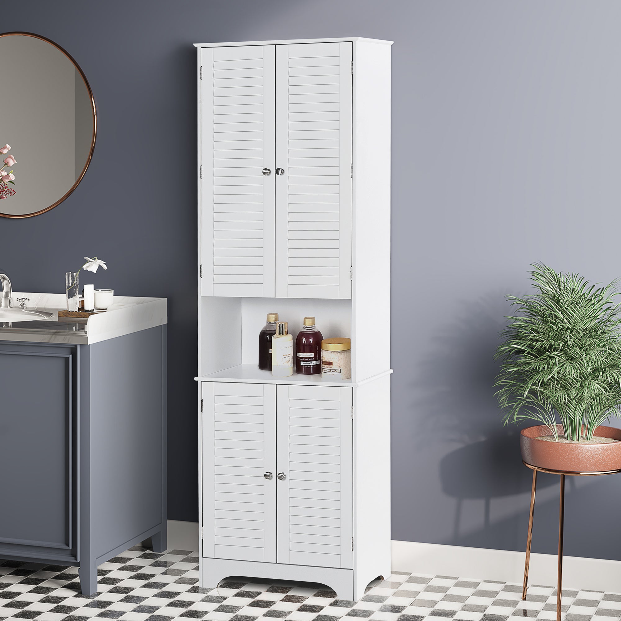 Tall Narrow Bathroom Storage Cabinet w/ Doors & Shelf, Freestanding Linen Cabinet, White
