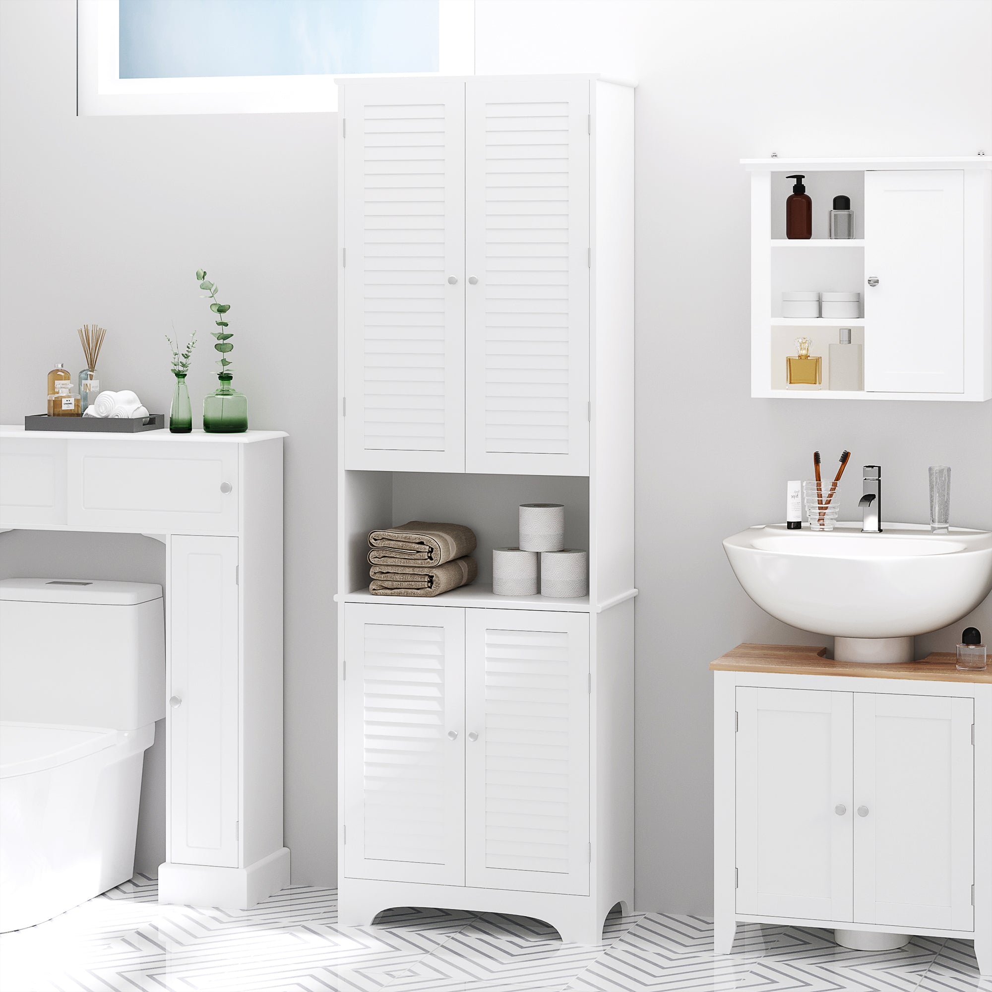 Tall Narrow Bathroom Storage Cabinet w/ Doors & Shelf, Freestanding Linen Cabinet, White