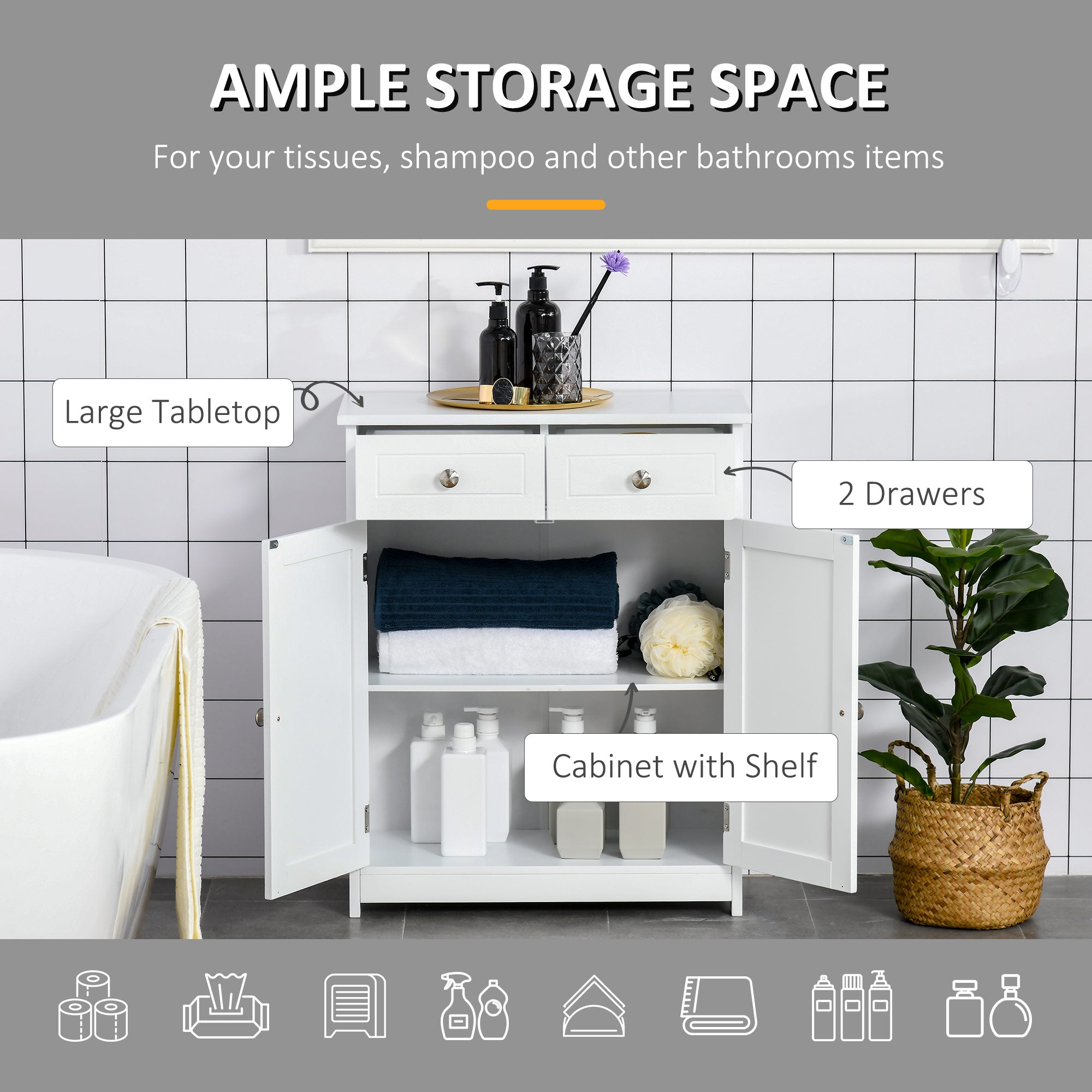 kleankin Bathroom Storage Cabinet, Floor Cabinet with 2 Doors, 2 Drawers, Adjustable Shelf for Washroom, White