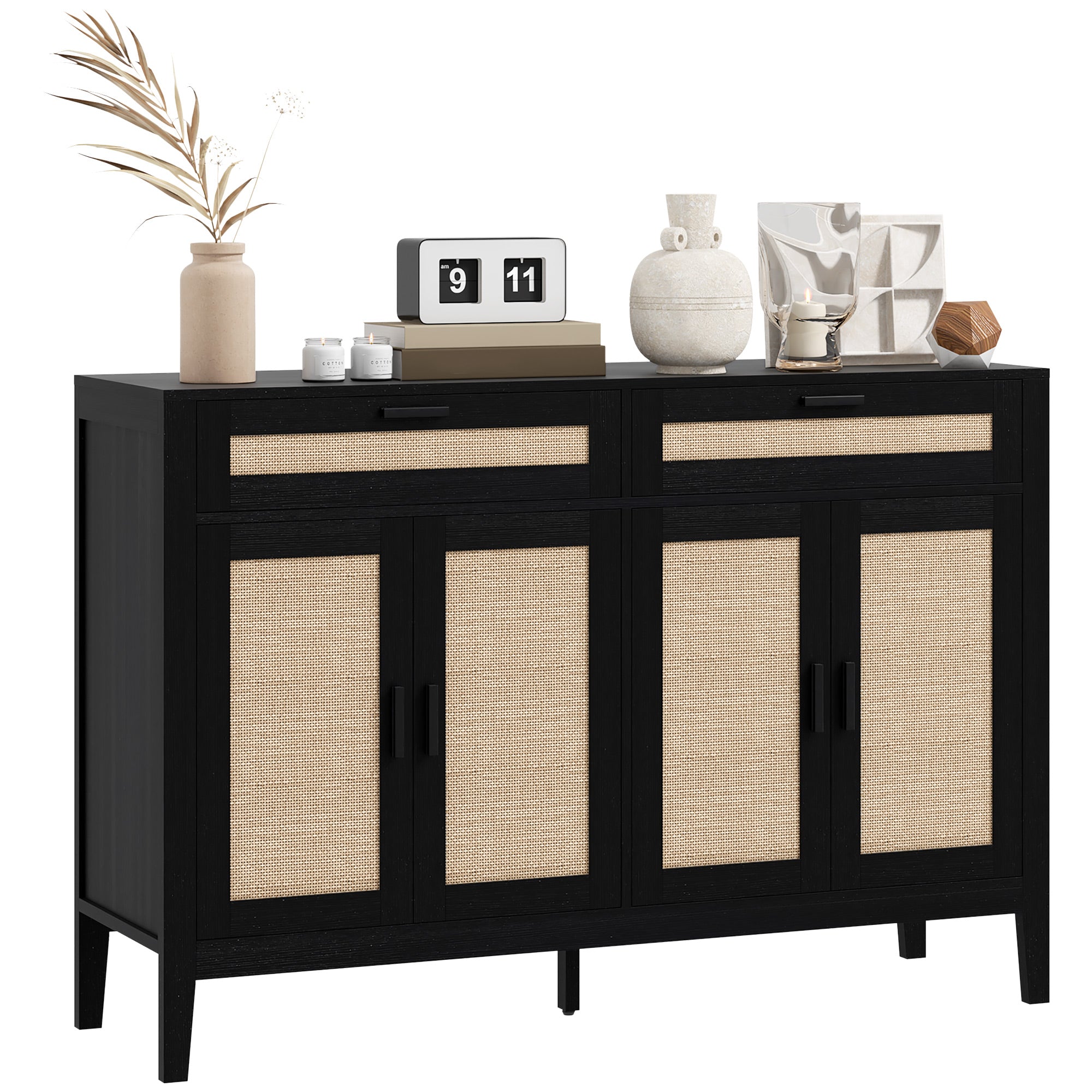 Kitchen Sideboard Cabinet, Boho Entryway Cabinet with Rattan Doors and Drawers, Black