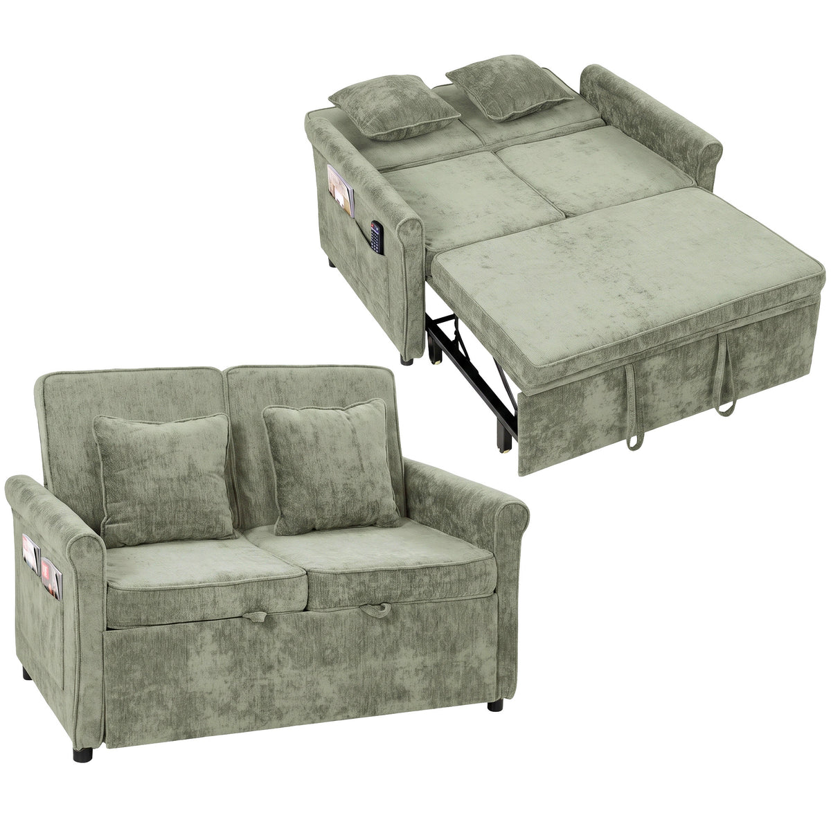 2 Seater Sofa Bed, 3-in-1 Convertible Pull Out Double Sleeper Sofa 190 x 130 cm, 5-Position Adjustable Backrest, Chenille Loveseat Bed Settee for Living Room, Bedroom, Guest Room, Light Green