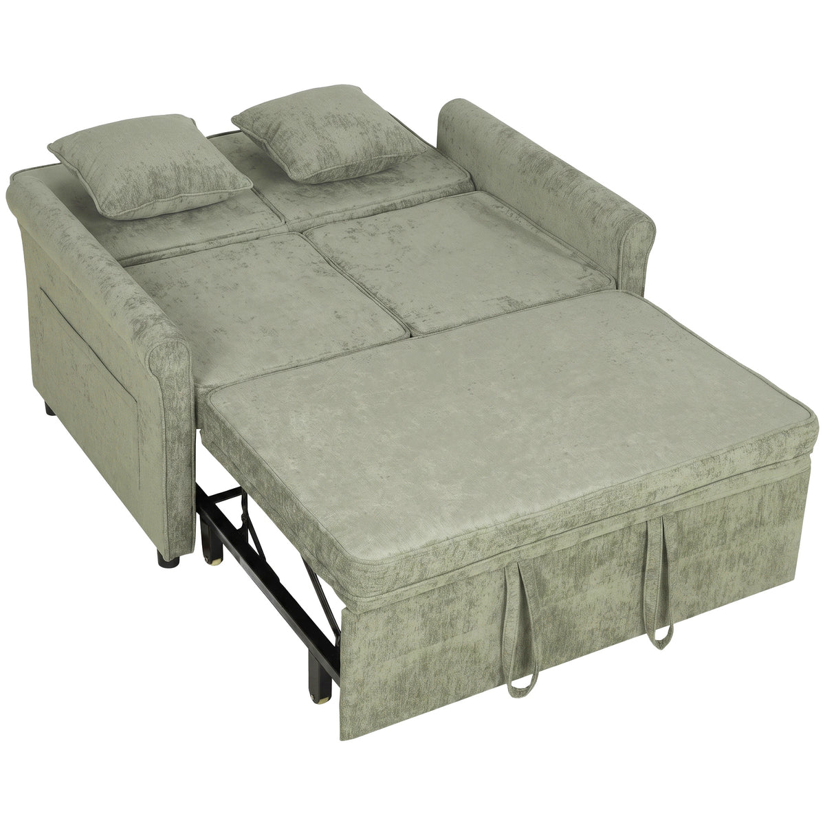 2 Seater Sofa Bed, 3-in-1 Convertible Pull Out Double Sleeper Sofa 190 x 130 cm, 5-Position Adjustable Backrest, Chenille Loveseat Bed Settee for Living Room, Bedroom, Guest Room, Light Green