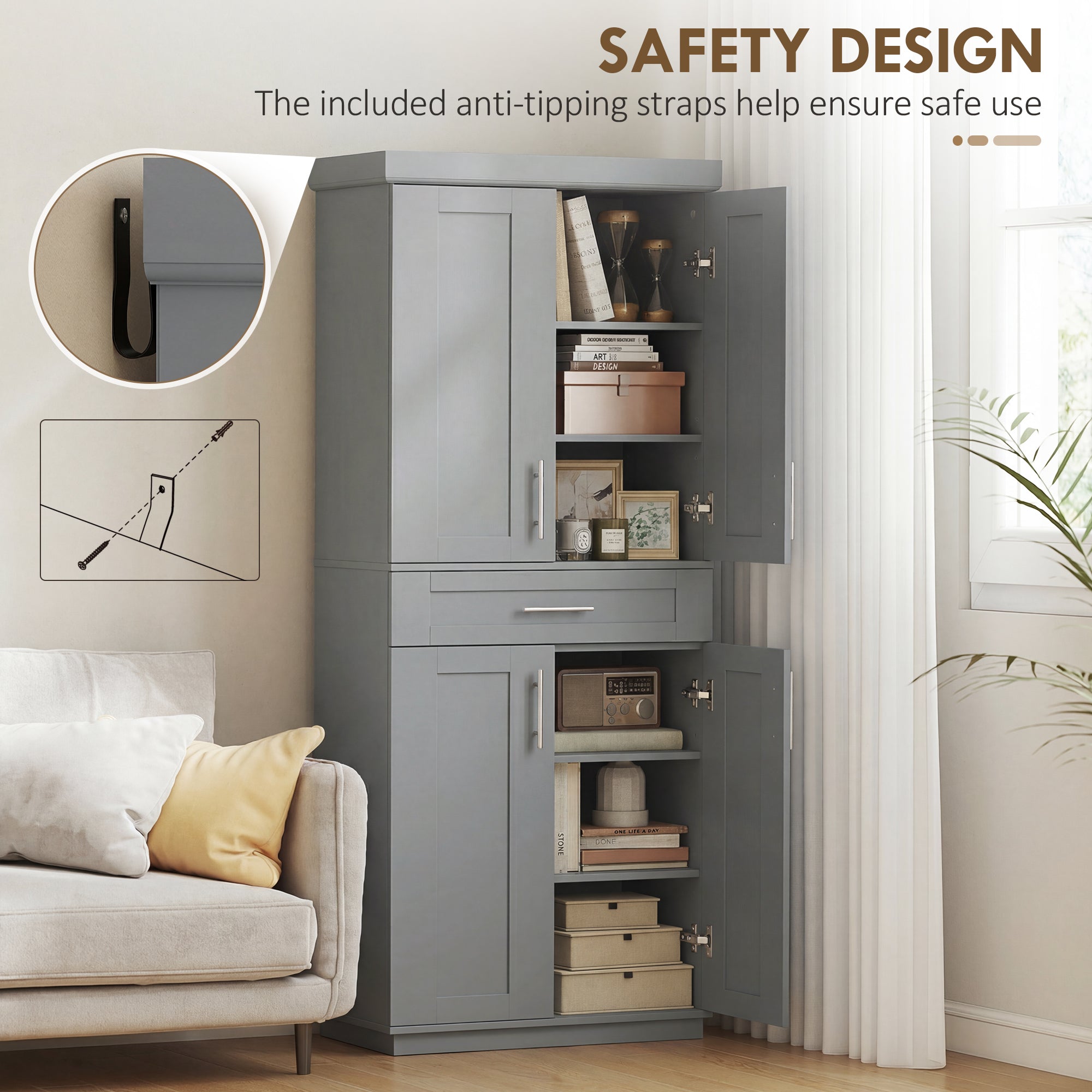 72" Kitchen Pantry Cabinet, Freestanding Tall Storage Cabinet with 4 Doors, Drawer and 3 Adjustable Shelves for Dining Room, Gray