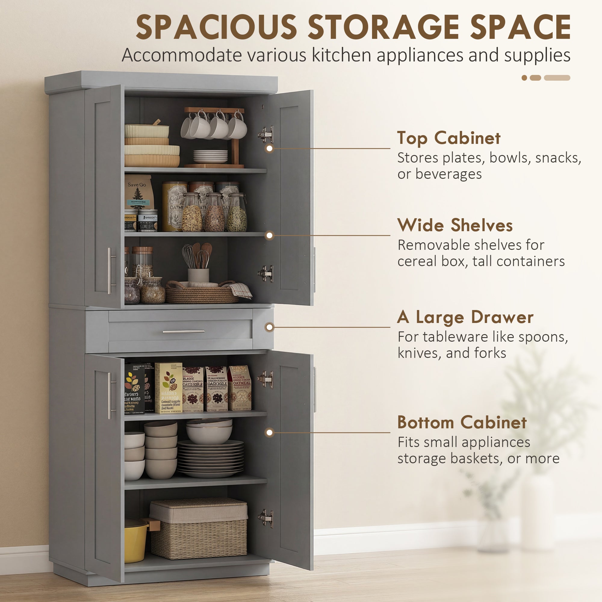 72" Kitchen Pantry Cabinet, Freestanding Tall Storage Cabinet with 4 Doors, Drawer and 3 Adjustable Shelves for Dining Room, Gray
