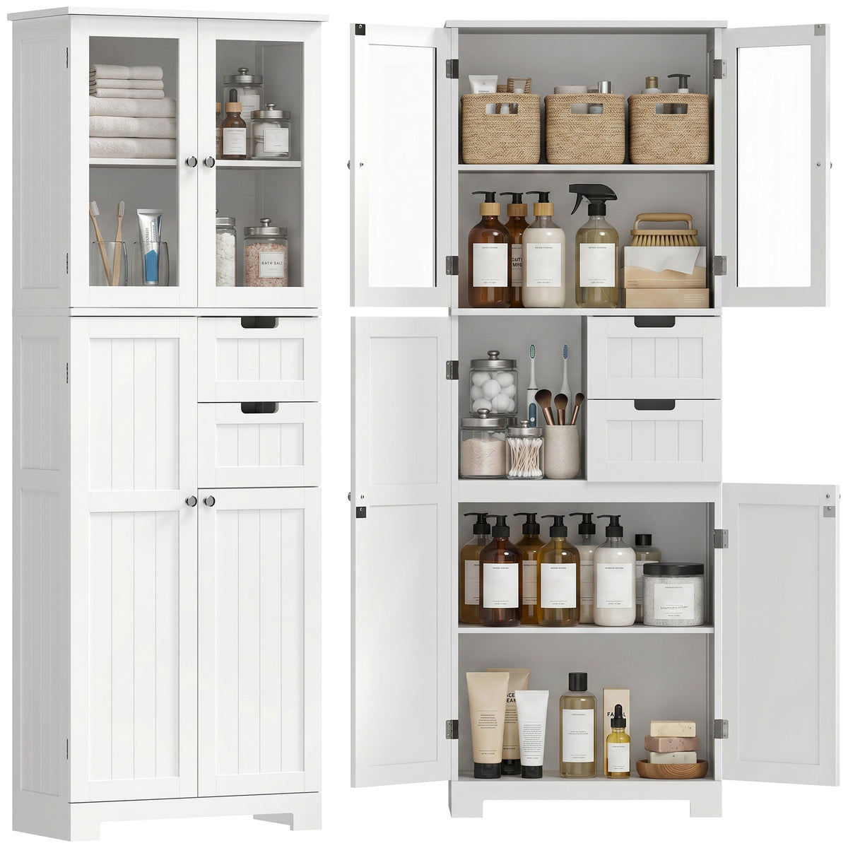 Tall Bathroom Cabinet, Modern Floor Bathroom Storage Cabinet with Glass Doors, Adjustable Shelves, Drawers, Freestanding Linen Tower, White