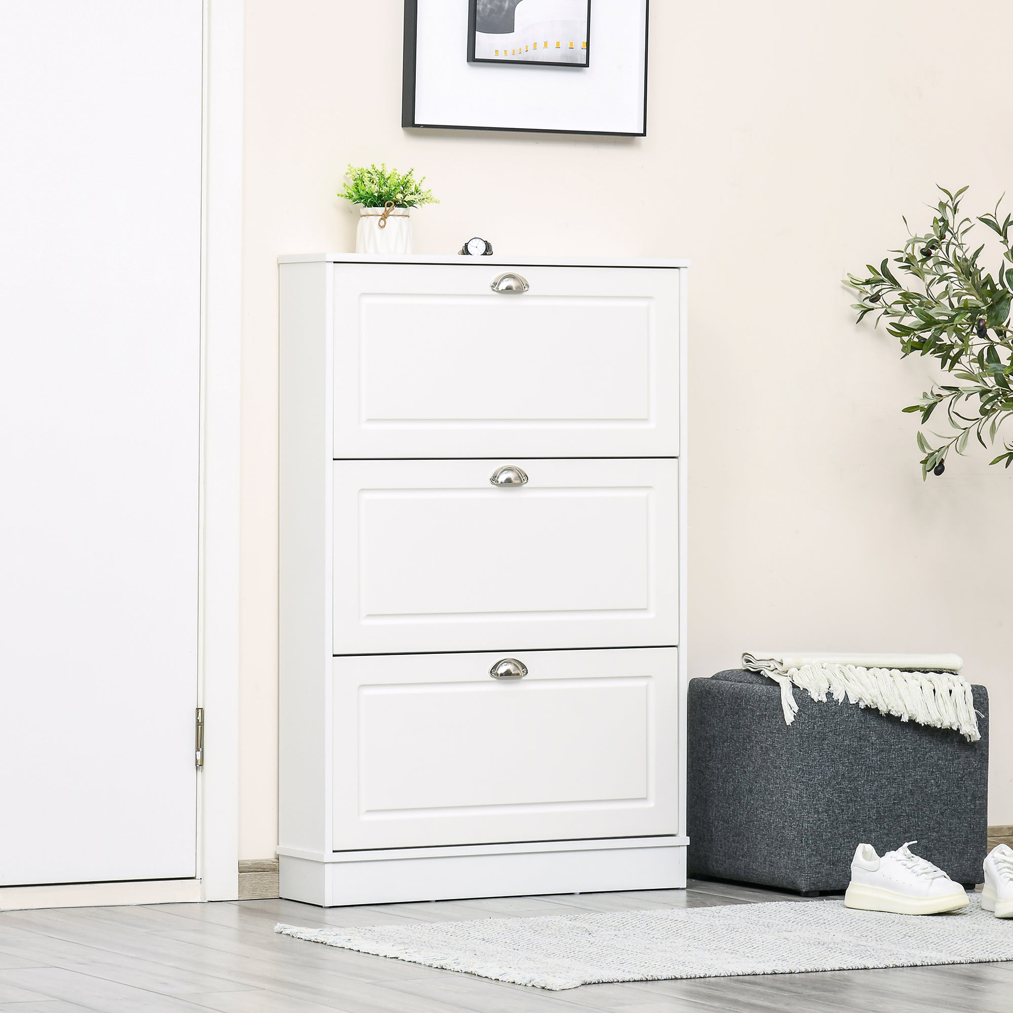 Shoe Cabinet with 3 Flip Drawers, Modern Narrow Shoe Storage Cabinet with Countertop, Entryway Shoe Storage Unit for 12 Pairs of Shoes for Hallway, White