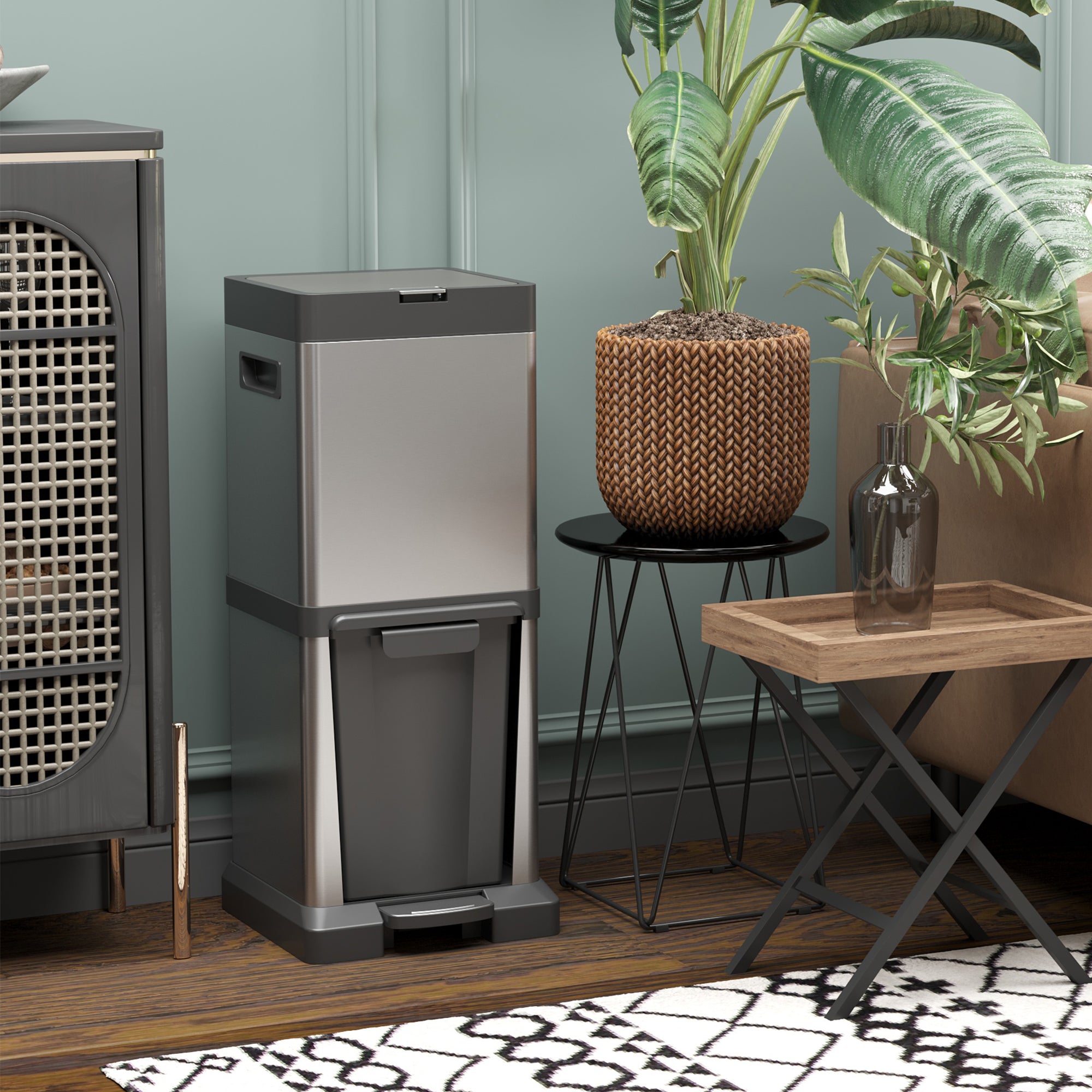 HOMCOM Dual Kitchen Bin, 20+14L Double Bin for Recycling and Waste, Stainless Steel Vertical Pedal Bin with Tilt Out Bin, Soft-Close Lid, Removable Inner Buckets and Handles, Silver