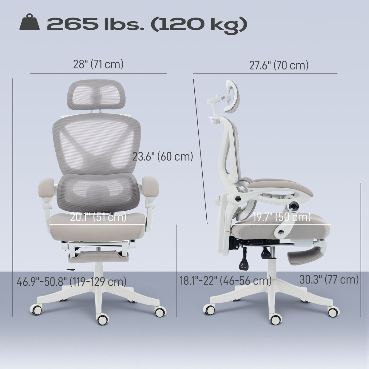 Ergonomic Office Chair, Mesh Computer Desk Chair with Adjustable Headrest and Height, Lumbar Support, High Back, Reclining Function, Footrest, Light Grey