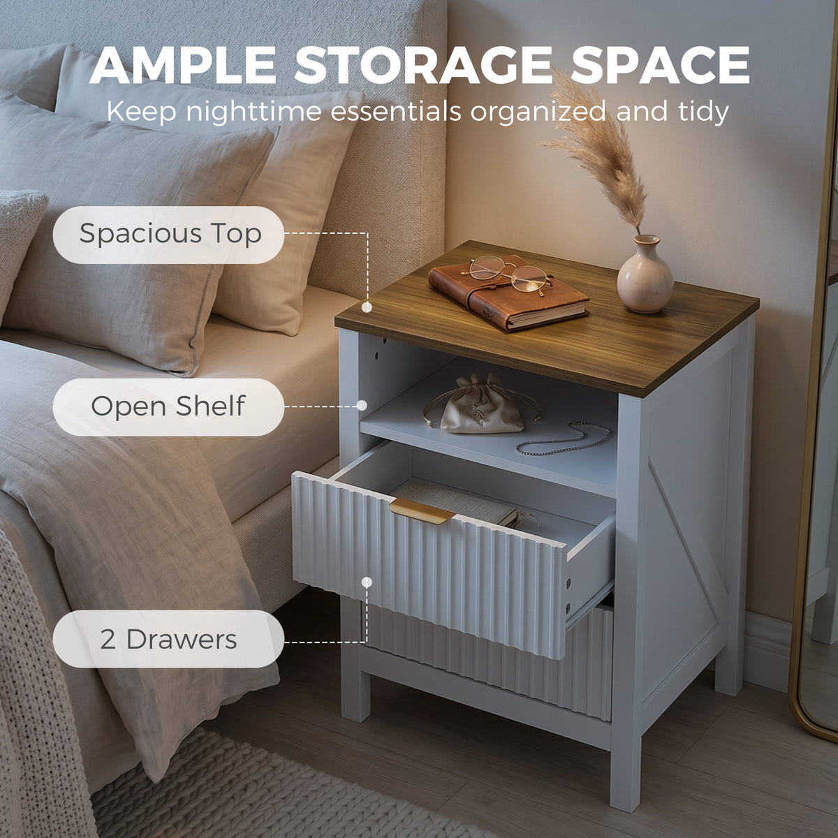 Modern Nightstand with 2 Fluted Drawers, Bedside Table with Open Storage Shelf, Anti-tipping Design, Side End Table for Bedroom Living Room Study, White and Walnut