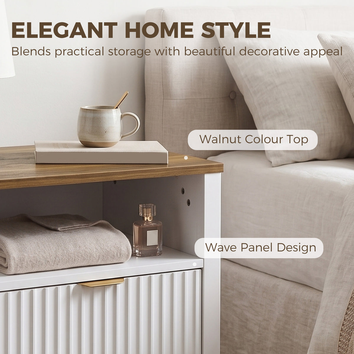 Modern Nightstand with 2 Fluted Drawers, Bedside Table with Open Storage Shelf, Anti-tipping Design, Side End Table for Bedroom Living Room Study, White and Walnut