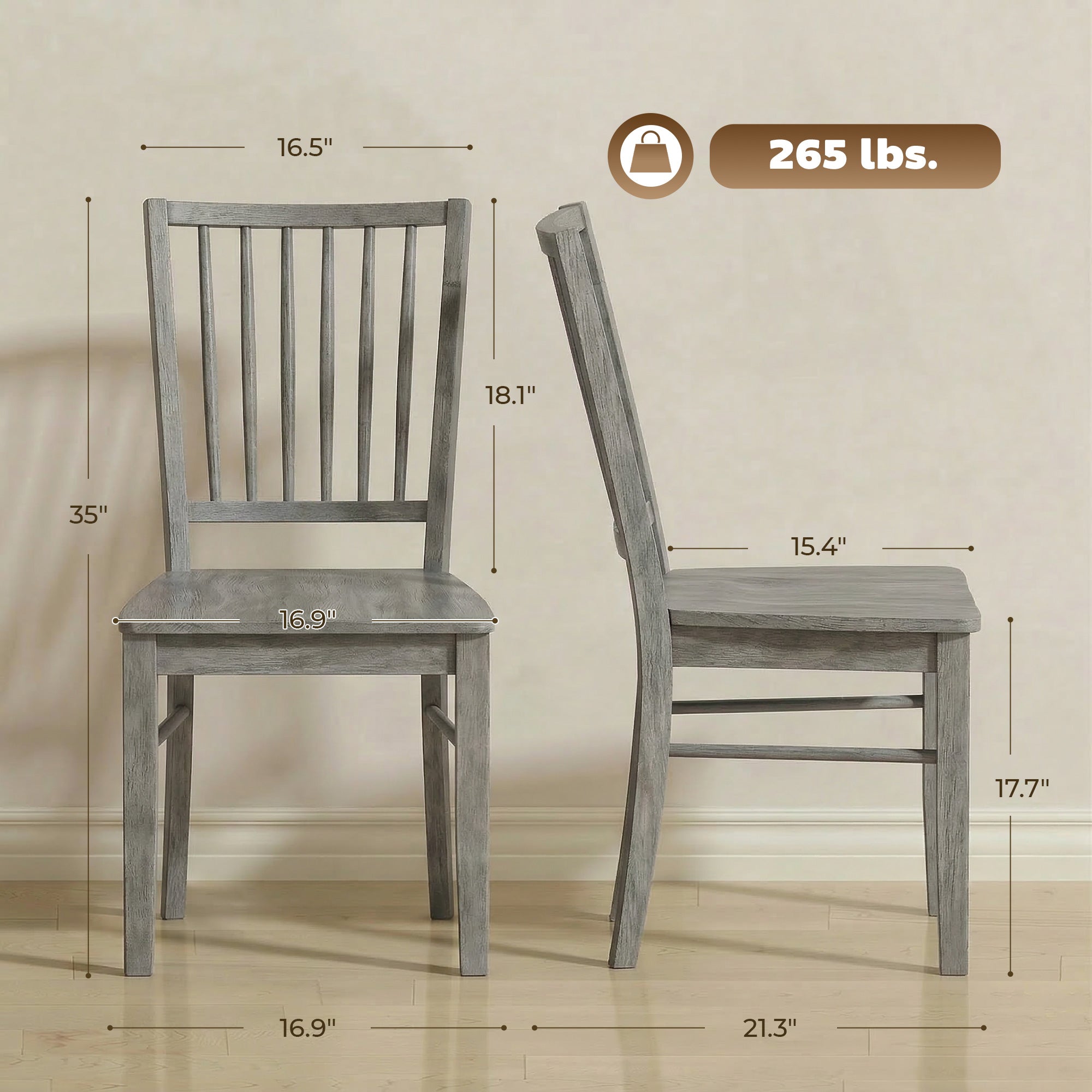 Farmhouse Dining Chairs Set of 2, Ergonomic Solid Wood Armless Kitchen Chairs with Rubberwood Legs for Dining Room, Kitchen, Rustic Gray