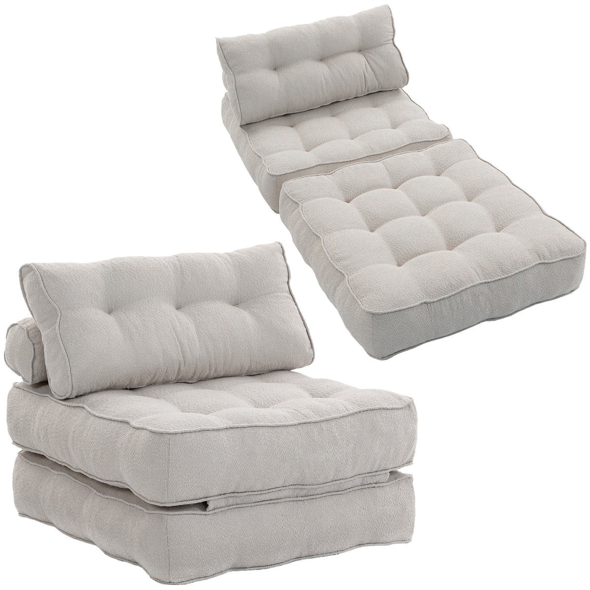Folding Sofa Bed, Boneless Cloud Linen Sleeper Chair Bed, 3-in-1 Convertible Floor Sofa with Thick Supportive Cushion, Pillows for Living Room, Bedroom, Beige Grey