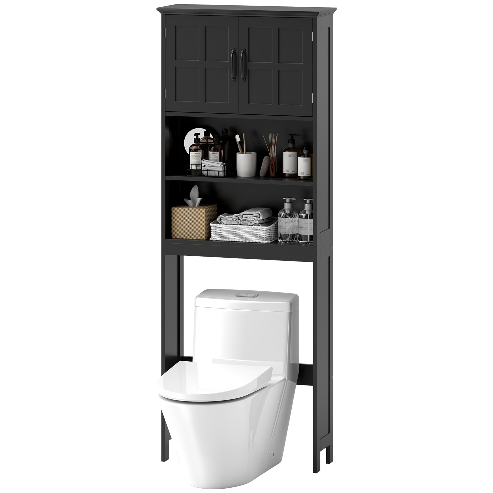 kleankin Over The Toilet Storage Cabinet, Bathroom Space Saver with Adjustable Shelf, Open Shelves and Double Door Cabinet, Bathroom Organizer, Black