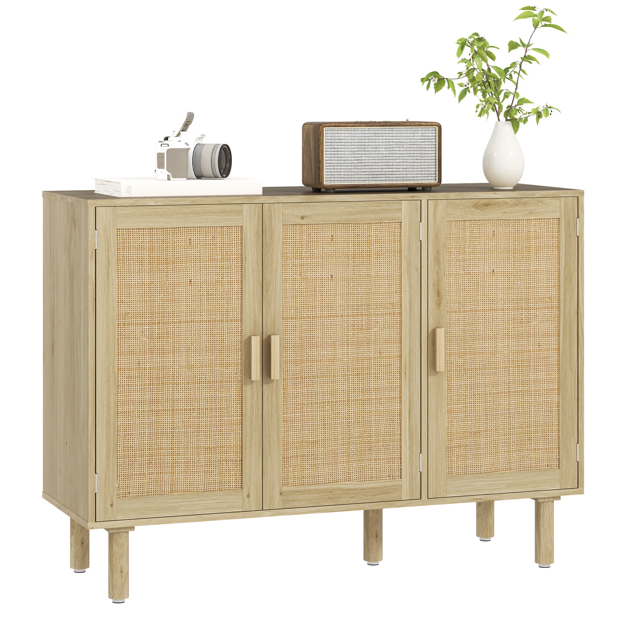 Sideboard Buffet Cabinet, 47" Boho Buffet Table, Rattan Coffee Bar Cabinet with 3 Doors and Shelves for Kitchen, Living Room, Entryway, Natural