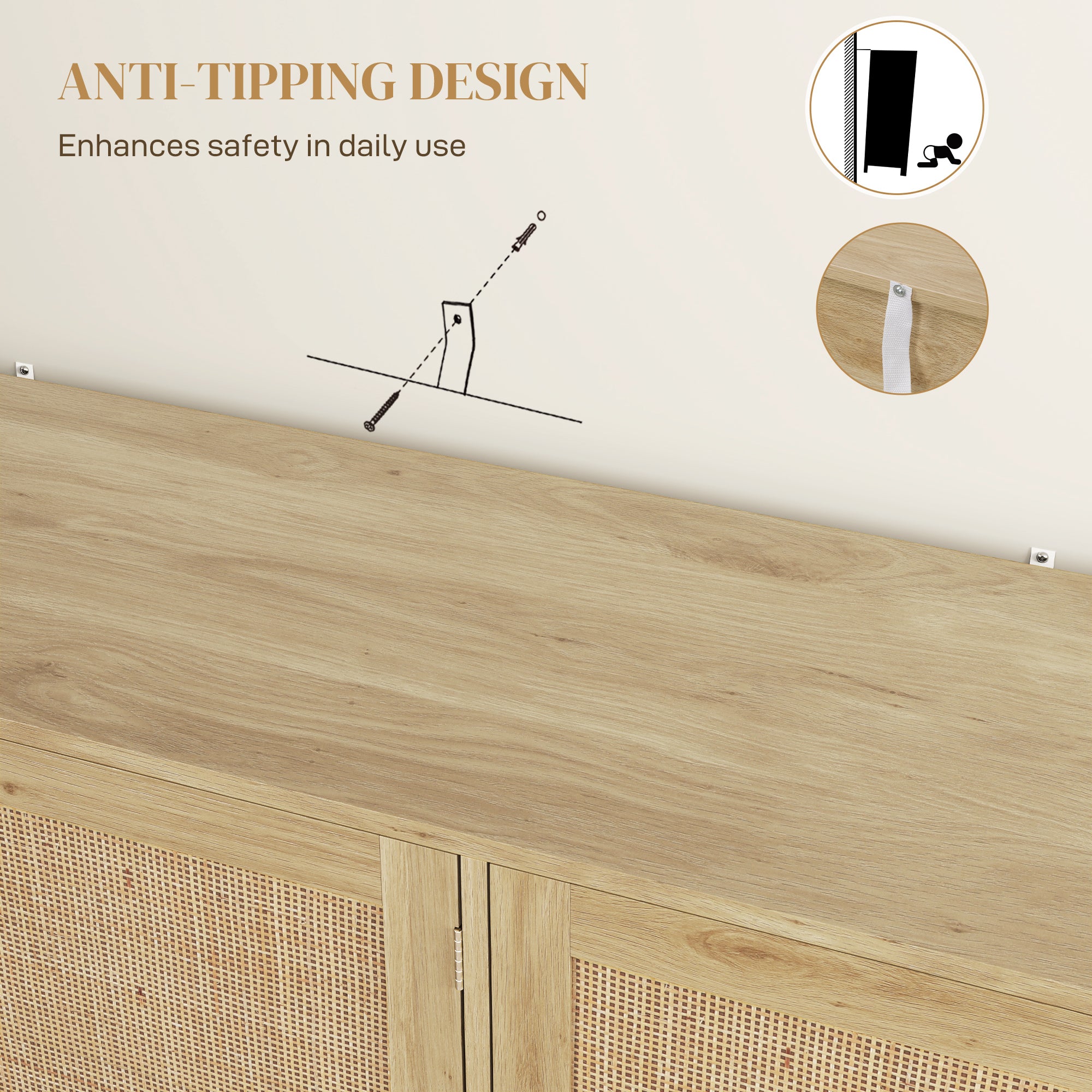 Sideboard Buffet Cabinet, 47" Boho Buffet Table, Rattan Coffee Bar Cabinet with 3 Doors and Shelves for Kitchen, Living Room, Entryway, Natural