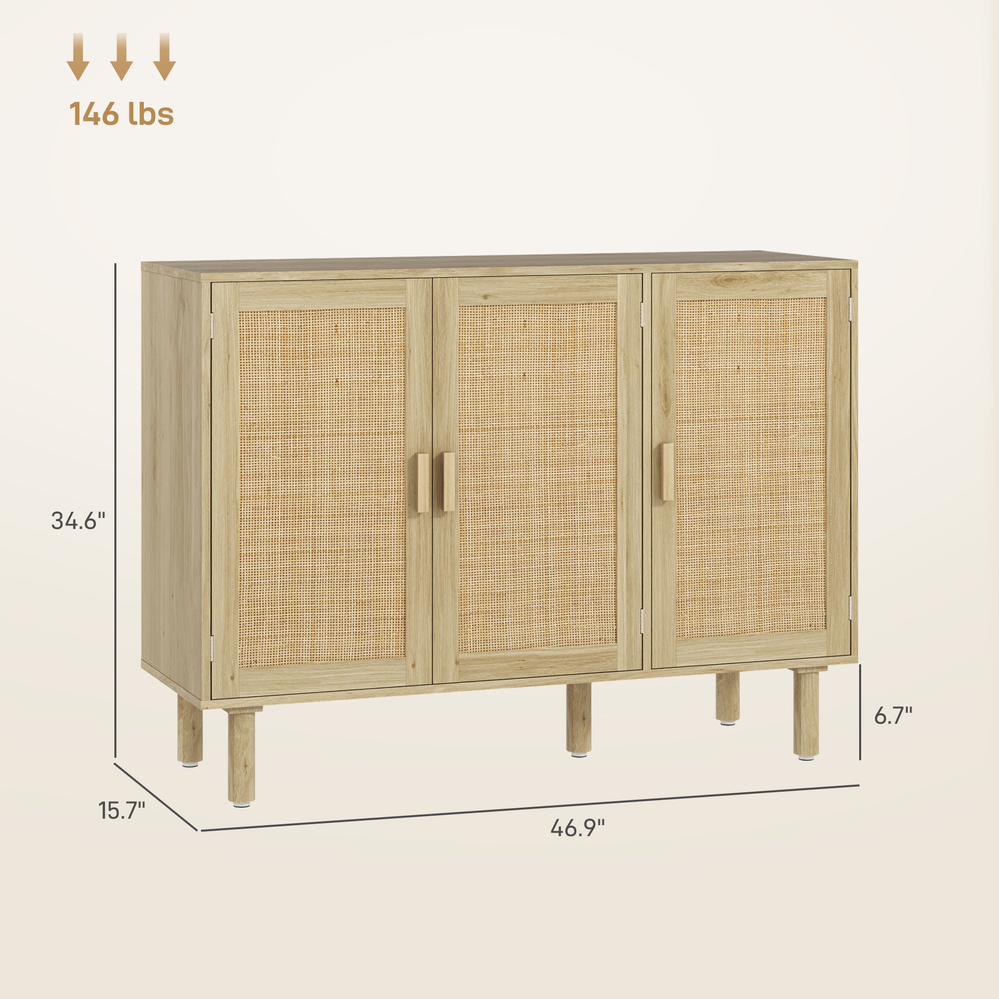 Sideboard Buffet Cabinet, 47" Boho Buffet Table, Rattan Coffee Bar Cabinet with 3 Doors and Shelves for Kitchen, Living Room, Entryway, Natural