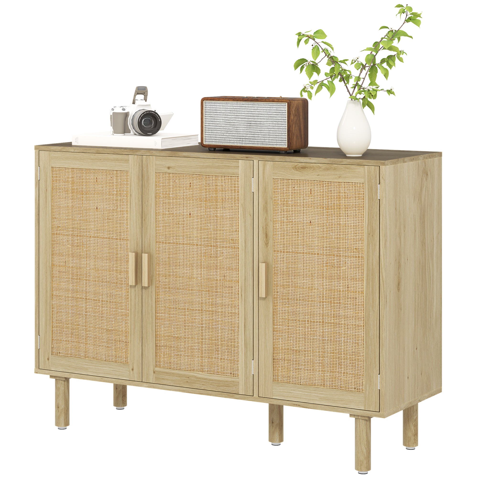 Sideboard Buffet Cabinet, 47" Boho Buffet Table, Rattan Coffee Bar Cabinet with 3 Doors and Shelves for Kitchen, Living Room, Entryway, Natural