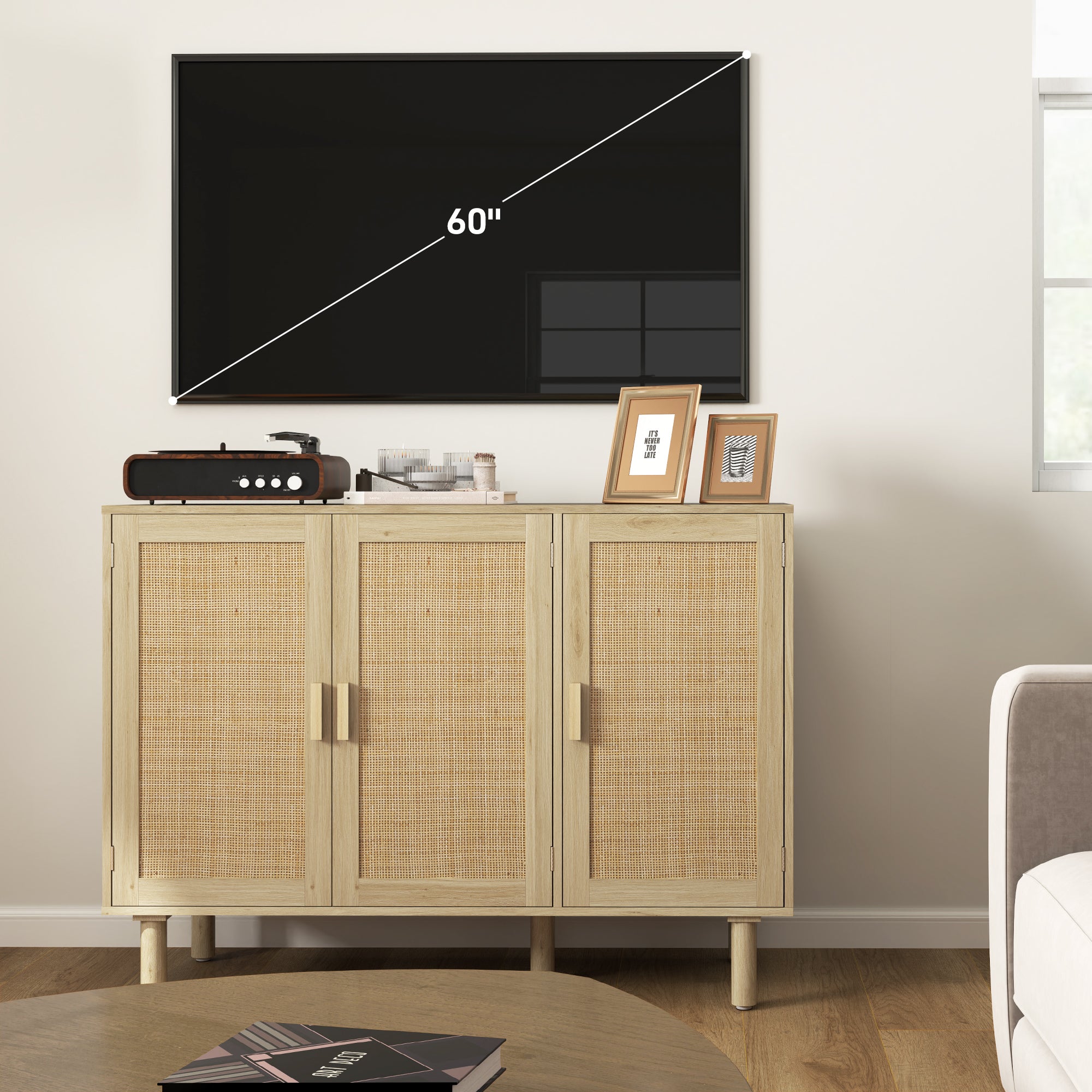 Sideboard Buffet Cabinet, 47" Boho Buffet Table, Rattan Coffee Bar Cabinet with 3 Doors and Shelves for Kitchen, Living Room, Entryway, Natural