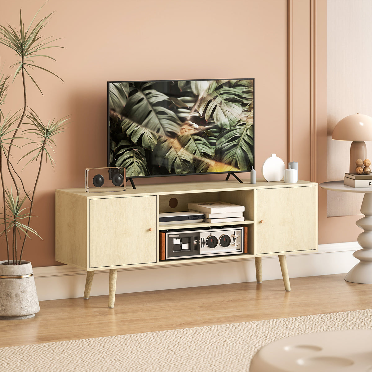 TV Stand Cabinet for TVs up to 55 Inches, Entertainment Unit with Storage Shelves and Wood Legs for Living Room, Natural Wood