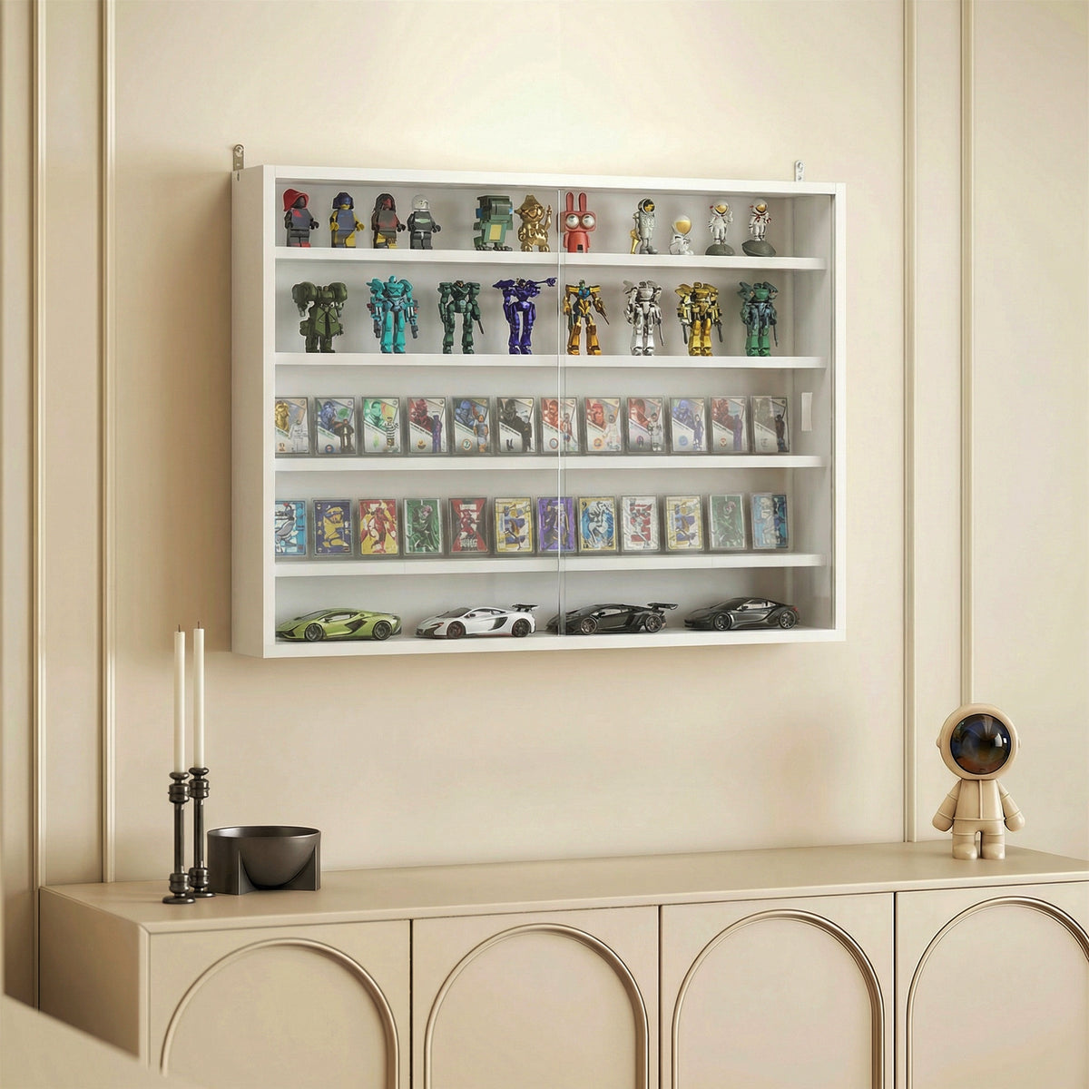 5-Storey Wall Shelf Display Cabinet, Shot Glass Display Case, Glass Curio Cabinet with 2 Glass Doors and 4 Adjustable Shelves, White