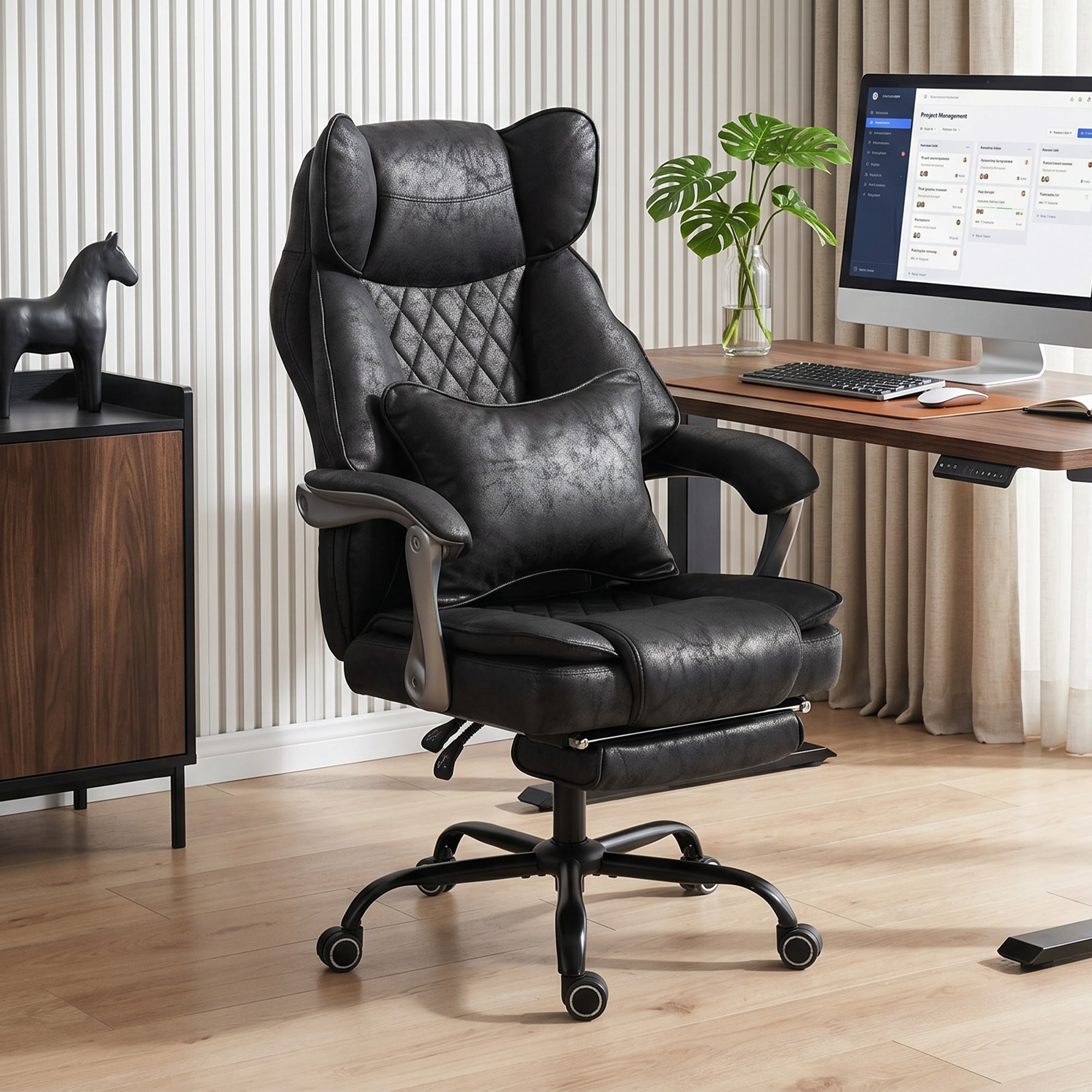 Executive Office Chair with Footrest, 180kg 400lb Big and Tall Leathaire Desk Chair with Wide Seat, Reclining Back, Lumbar Support, Built-in Headrest, Class 4 Gas Lift, Swivel Wheel, Black