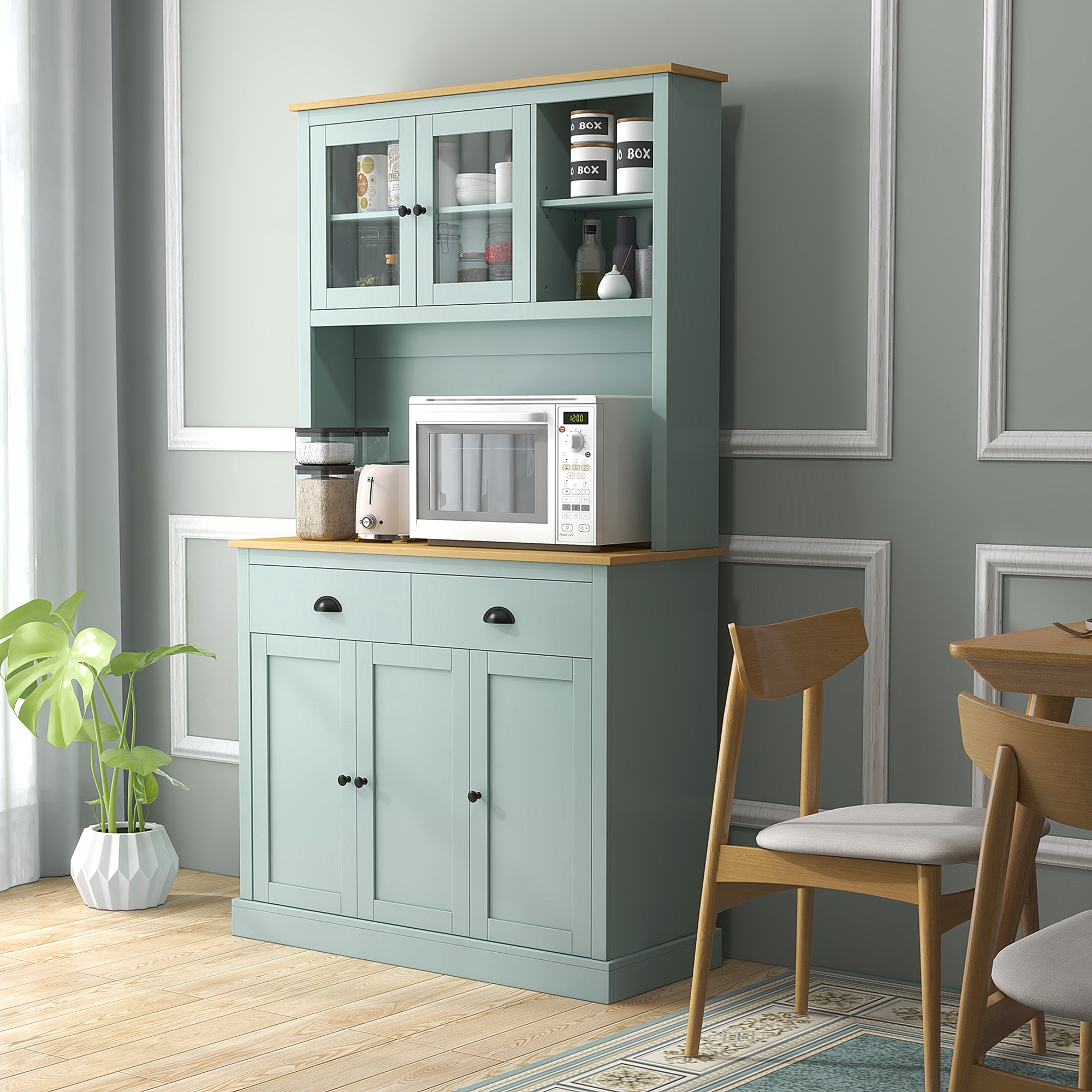 71" Freestanding Pantry Kitchen Buffet with Hutch & Glass Doors, Light Green