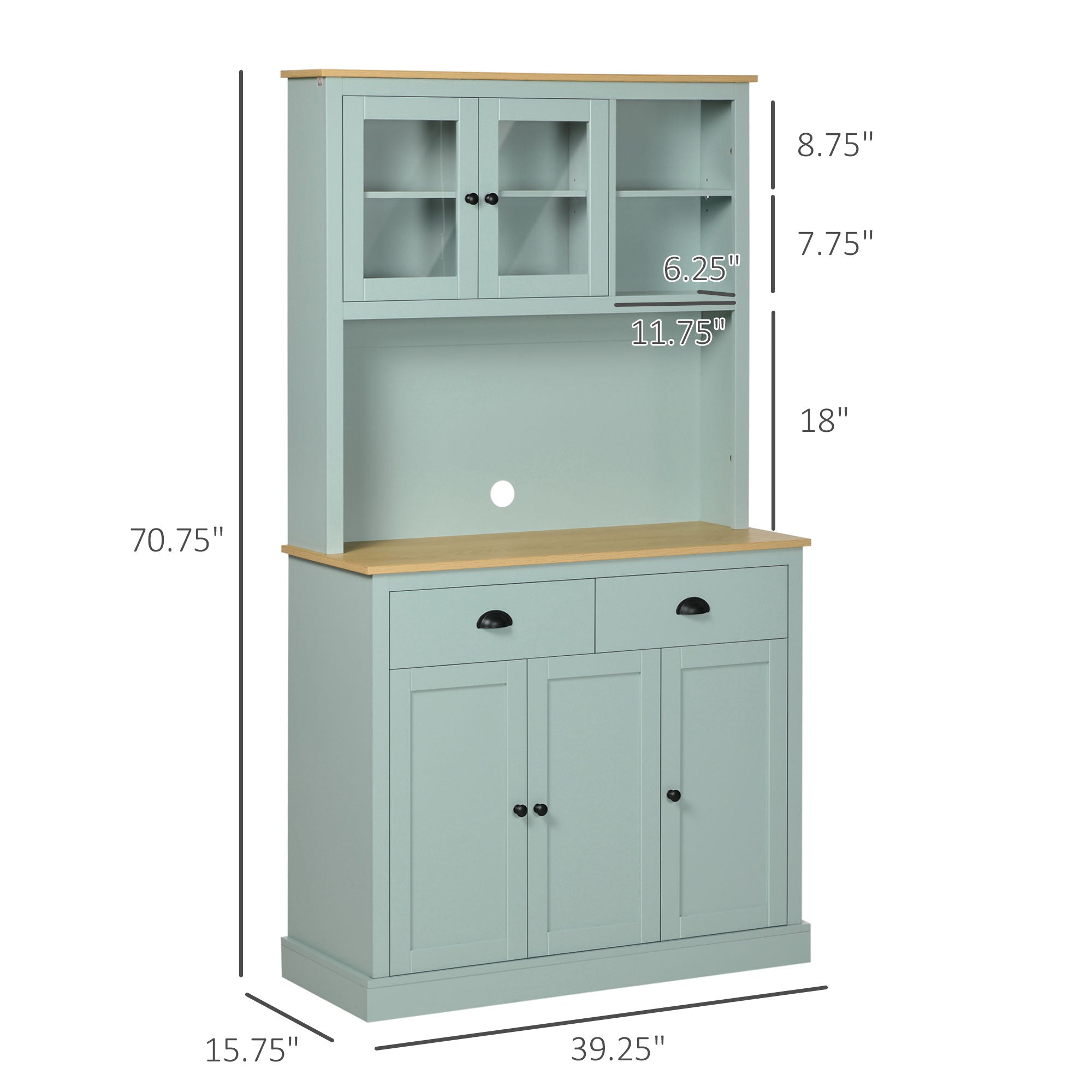 71" Freestanding Pantry Kitchen Buffet with Hutch & Glass Doors, Light Green